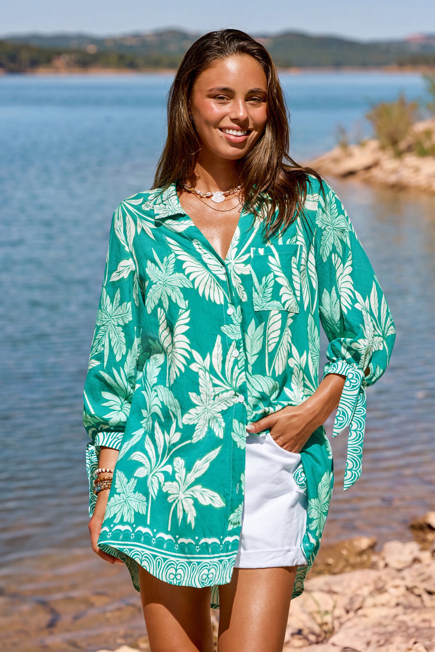 Grünes Tropisches Hemdkragen Halbarm Mini-Urlaubs-Sommerkleid
