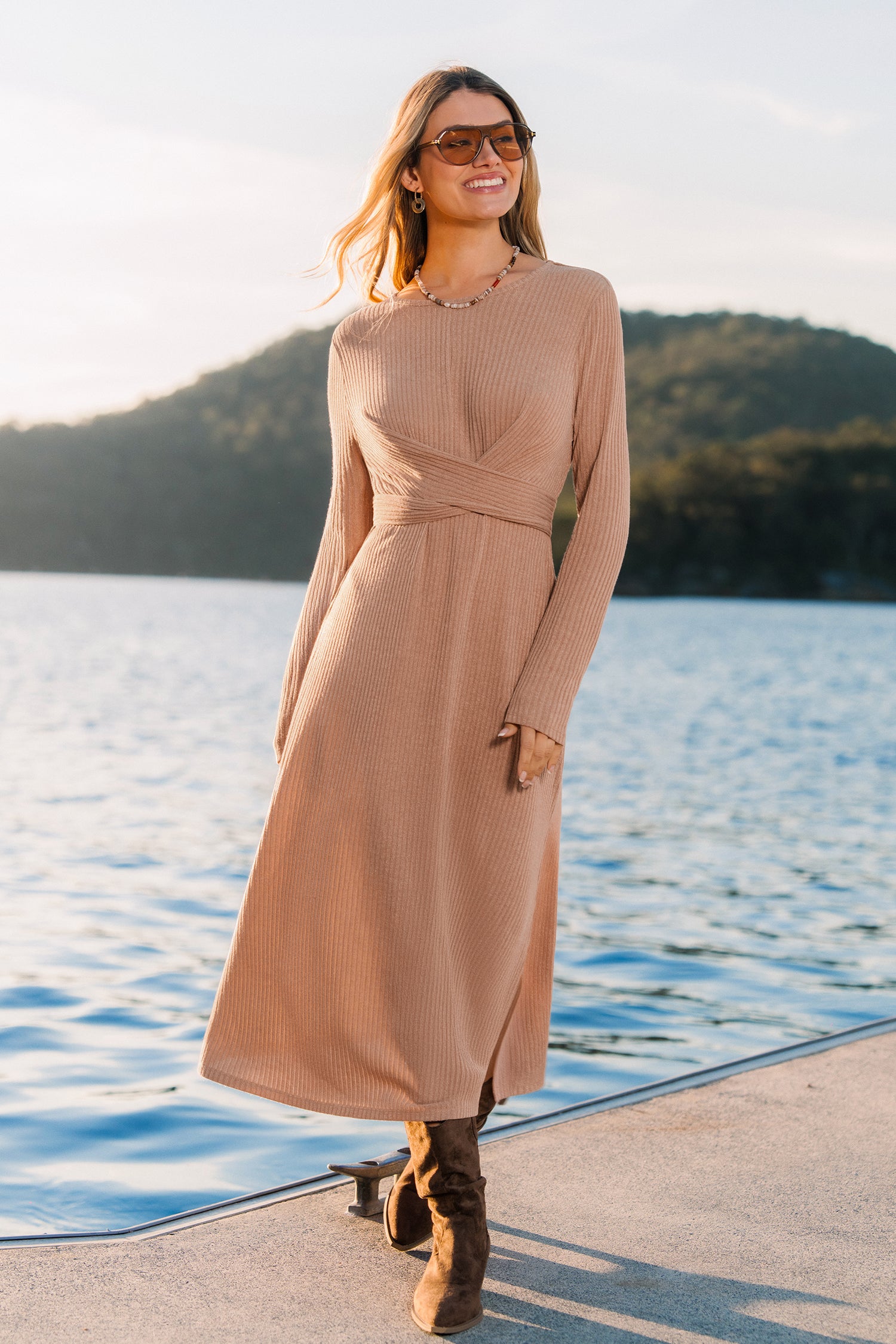 Beiges Lange Ärmel Maxikleid mit Taillengürtel