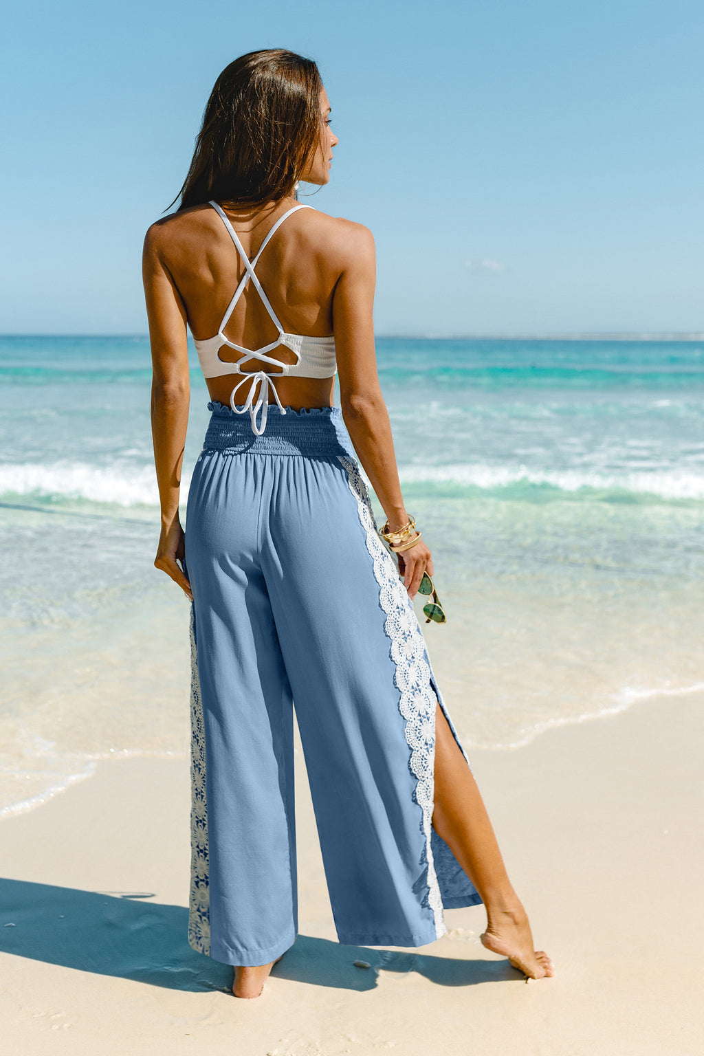 Blau Gesmokte Taille Wide-Leg-Sommerhose