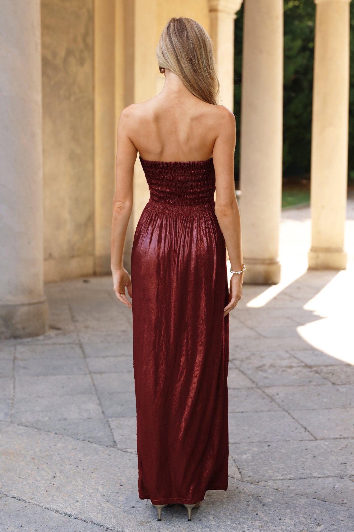 Rotes Gerader Ausschnitt Gesmoktes Maxikleid