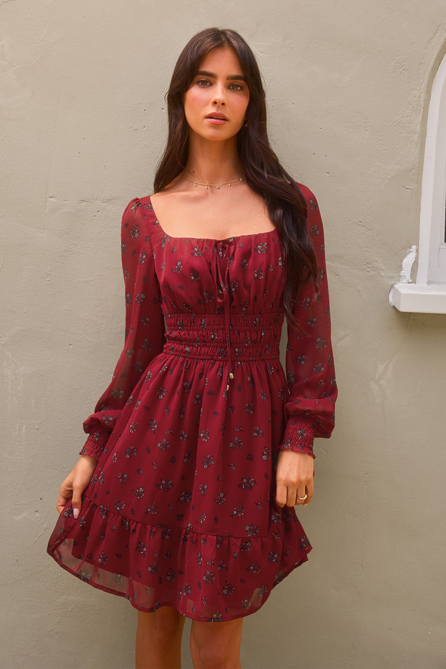 Rotes Lange Ärmel Quadratischer Ausschnitt Minikleid
