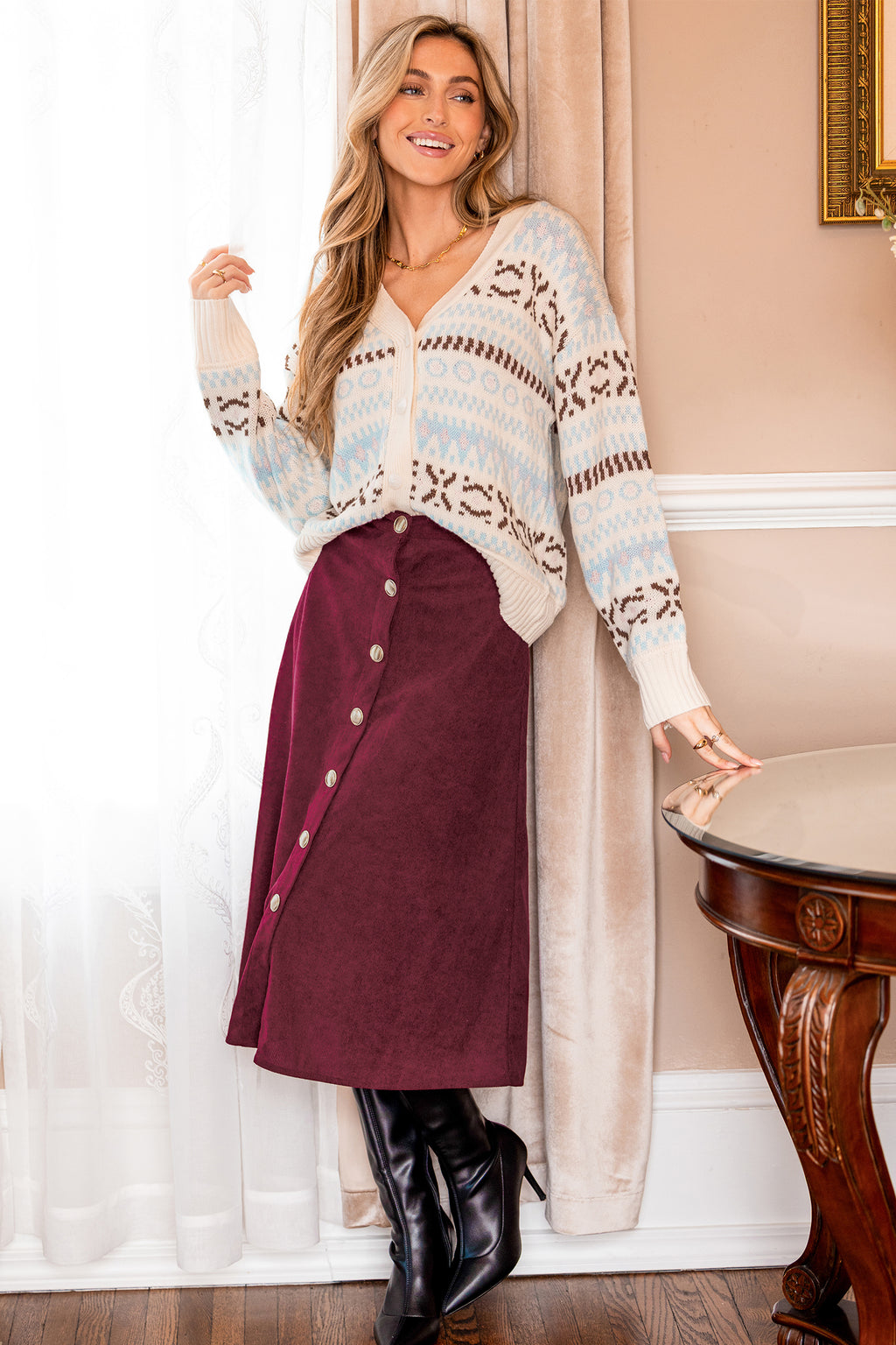 Weiße V-Ausschnitt Lange Ärmel Strickjacke