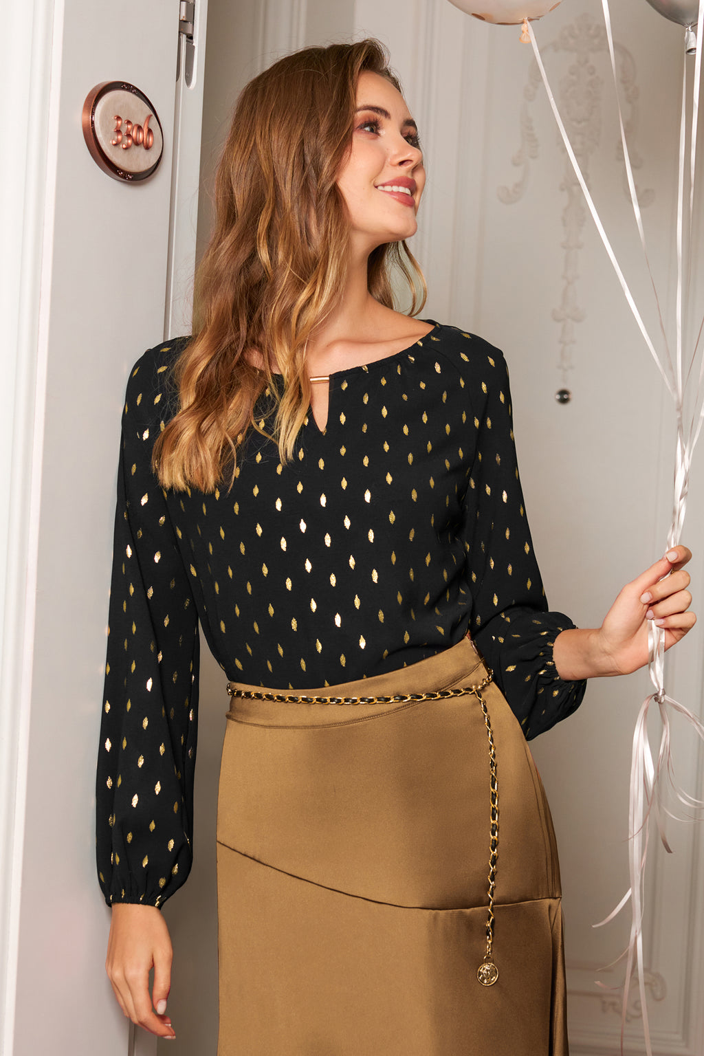 Schwarzes Geometrisches Rundhals Langarm Top