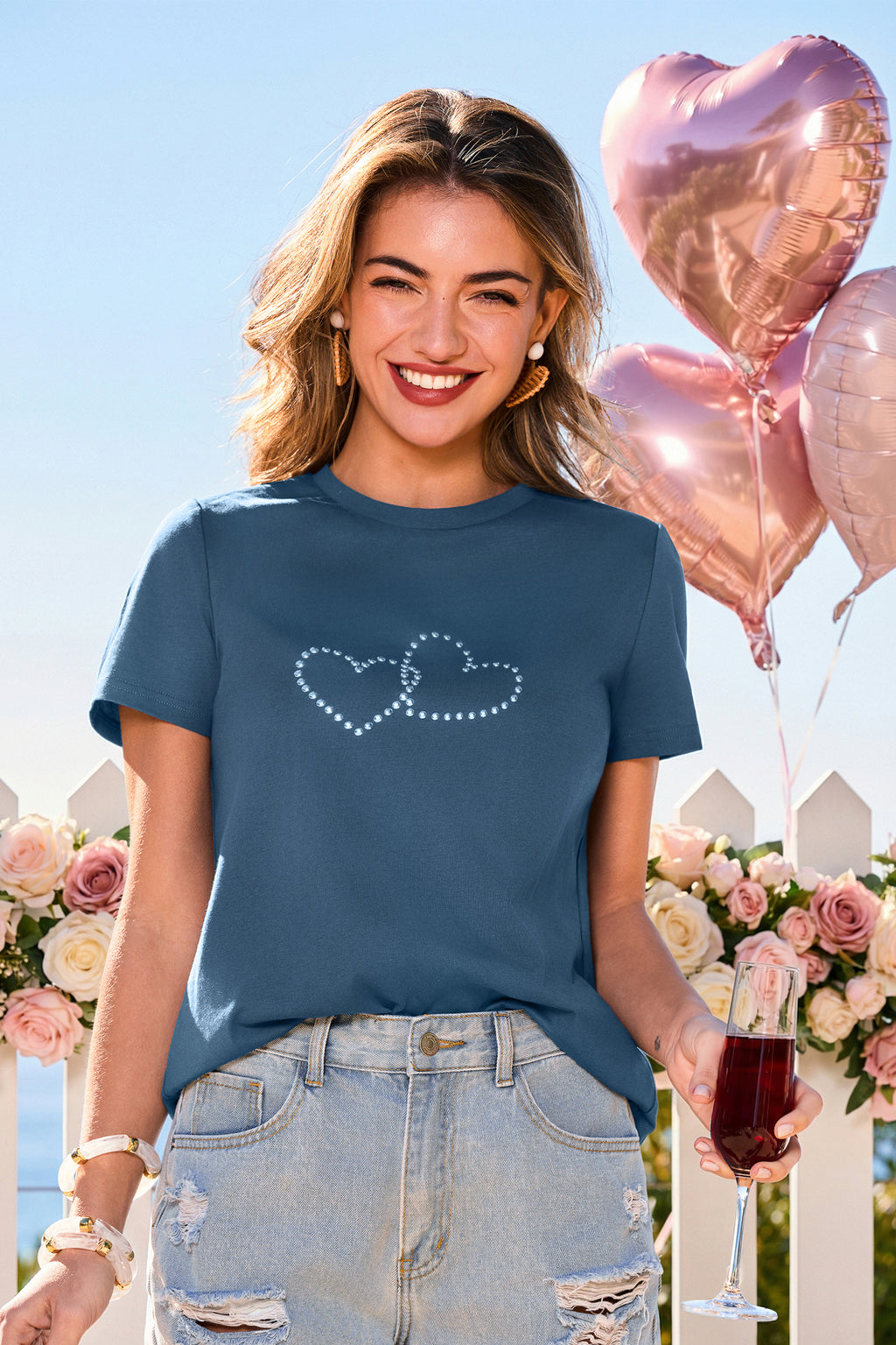 Blaues Kurzarm T-Shirt mit Herzmuster aus Baumwolle