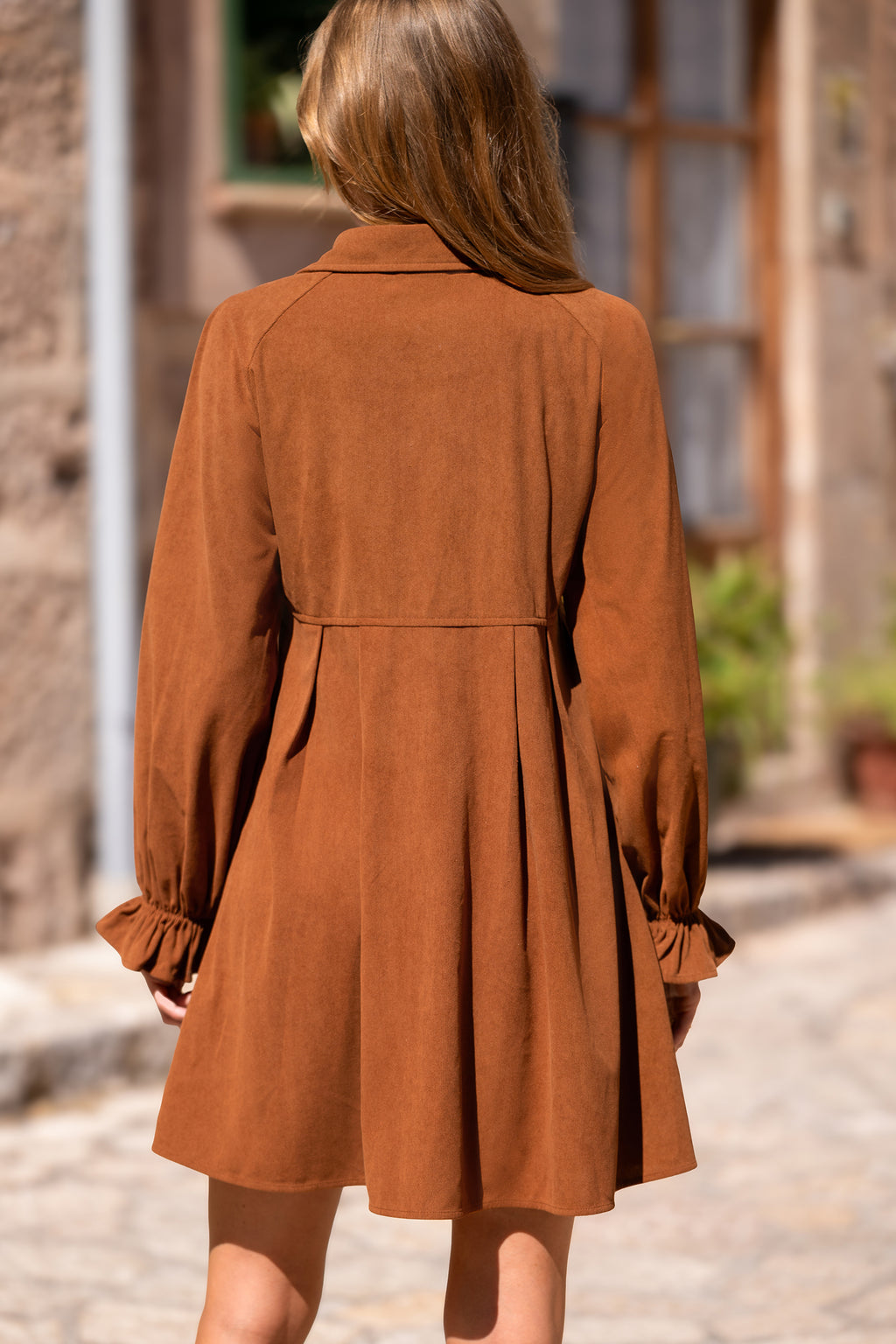Braunes Lange Ärmel Lockeres Minikleid