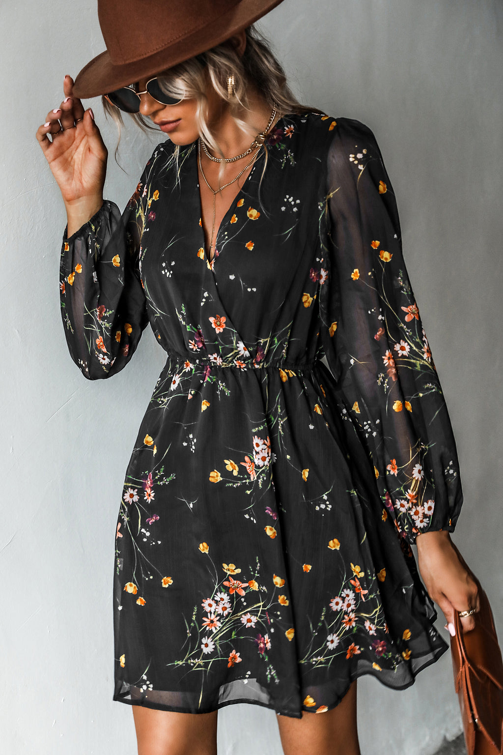 Lange Ärmel Mini-Wickelkleid mit Blumenmuster