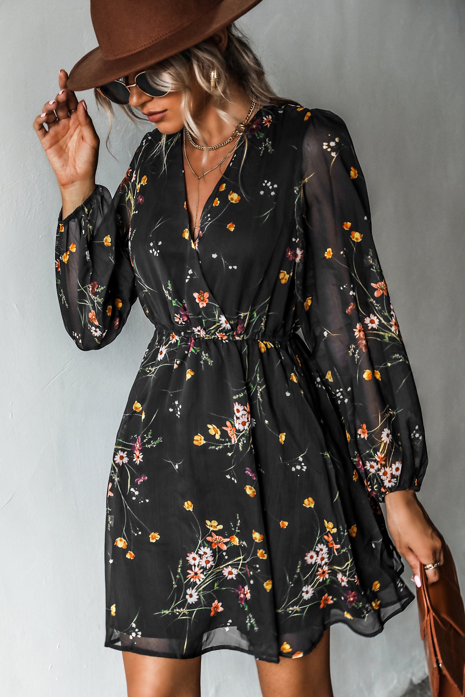 Lange Ärmel Mini-Wickelkleid mit Blumenmuster