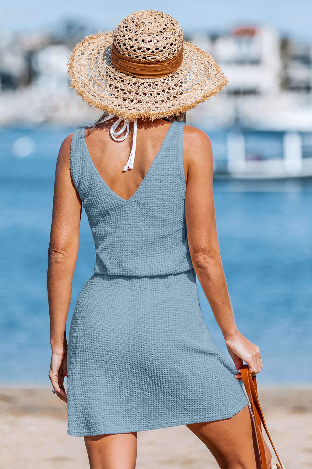 Blaues Gewebtes Ärmelloses V-Ausschnitt Mini-Strandkleid