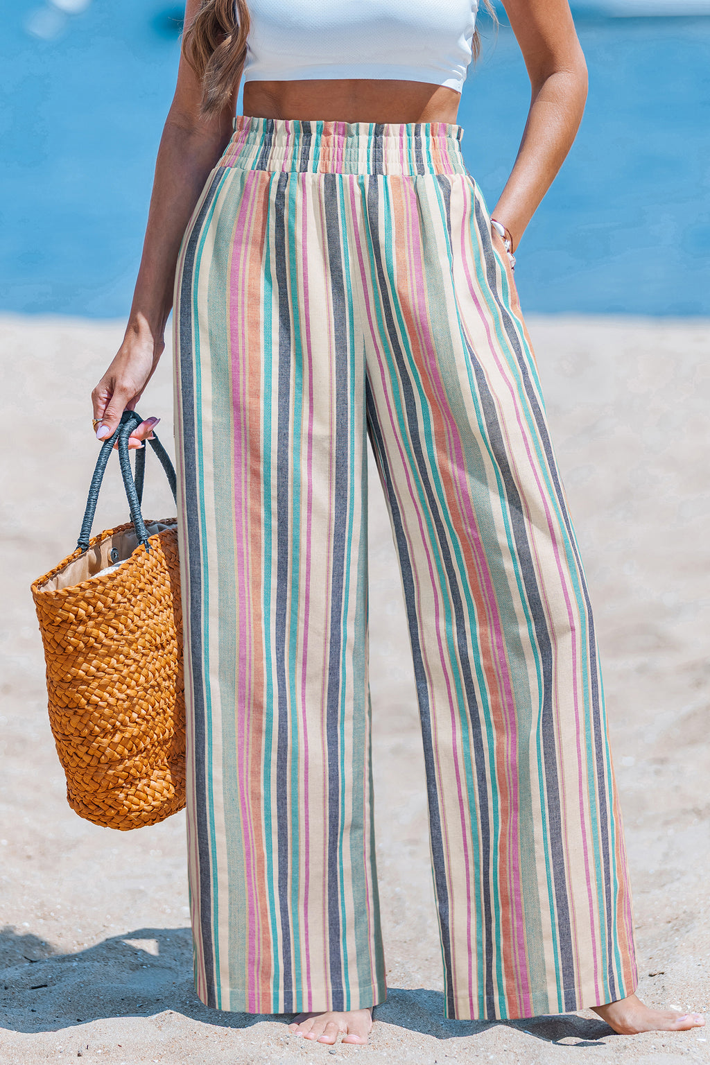 Bunte Gestreifte Elastischer Bund Stoffhose