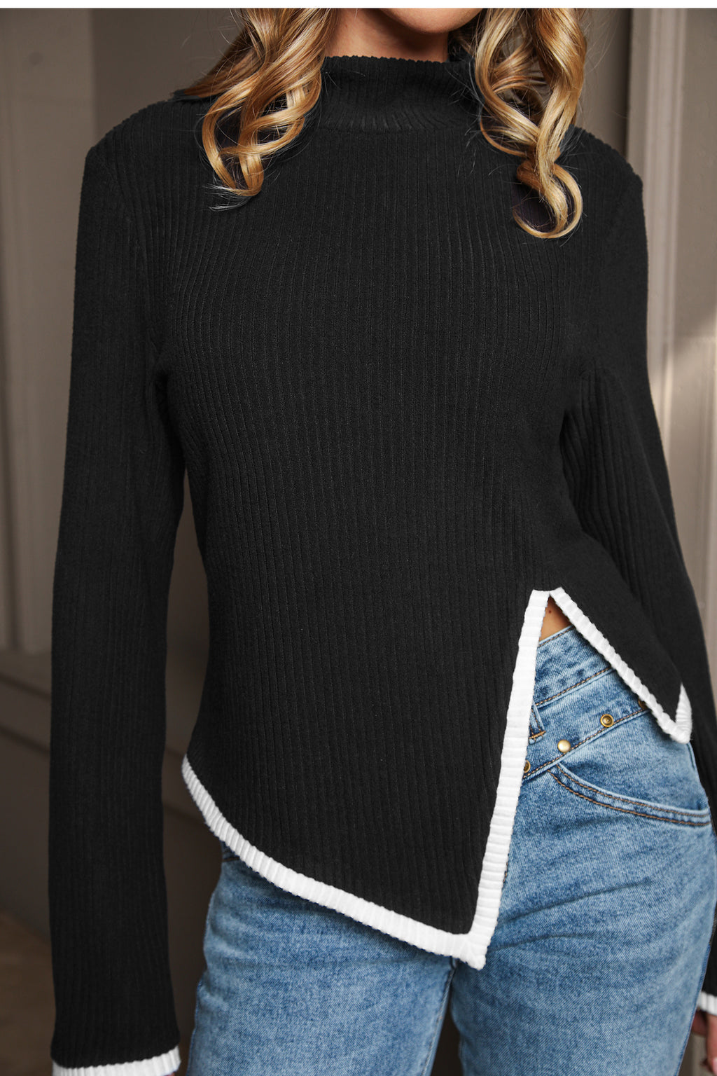 Schwarzer Hoher Ausschnitt Asymmetrischer Saum Pullover