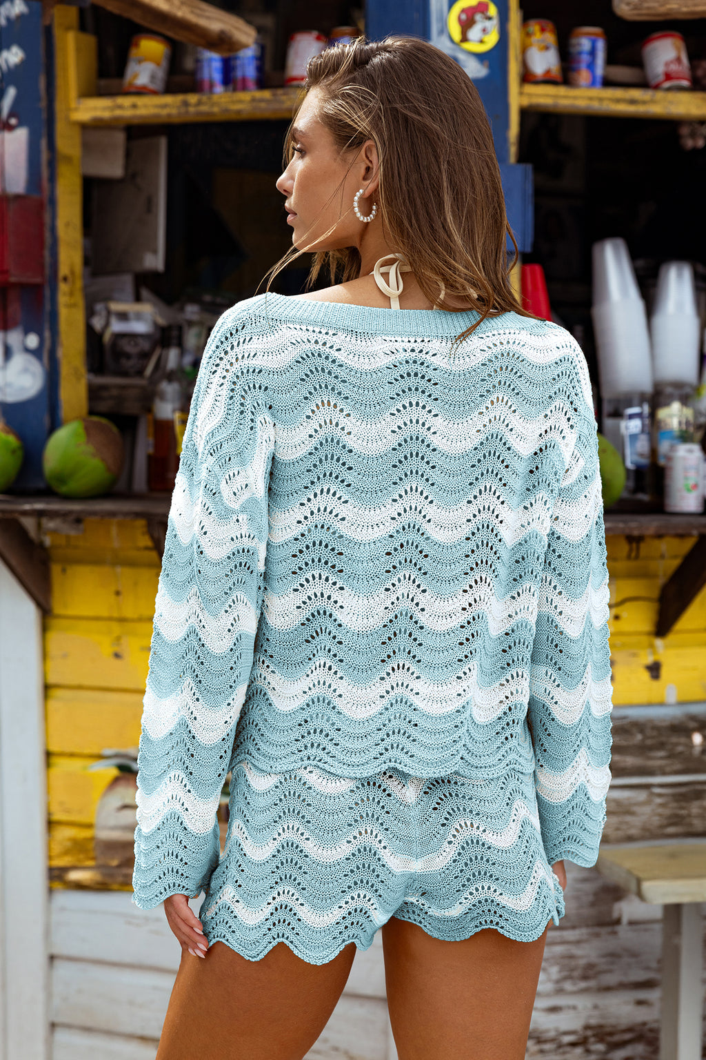 Blau Gestreiftes Langarm Strick-Strandtop