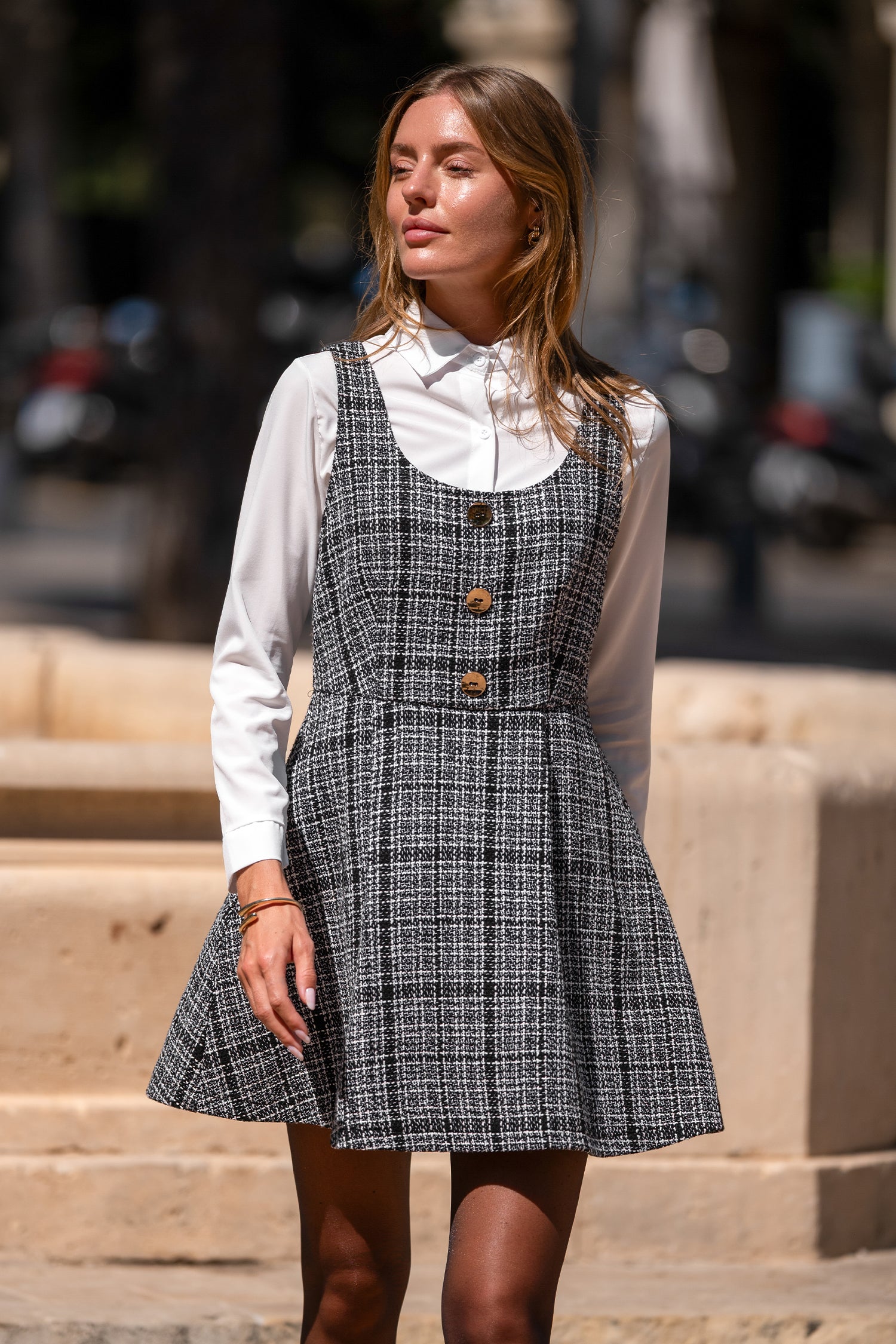 Ärmelloses Kariertes Tiefer Ausschnitt Minikleid