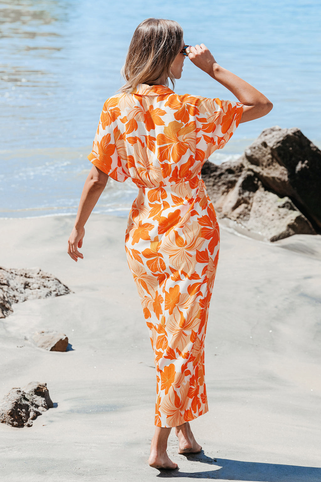 Orange Kurzarm Maxi-Blusenkleid