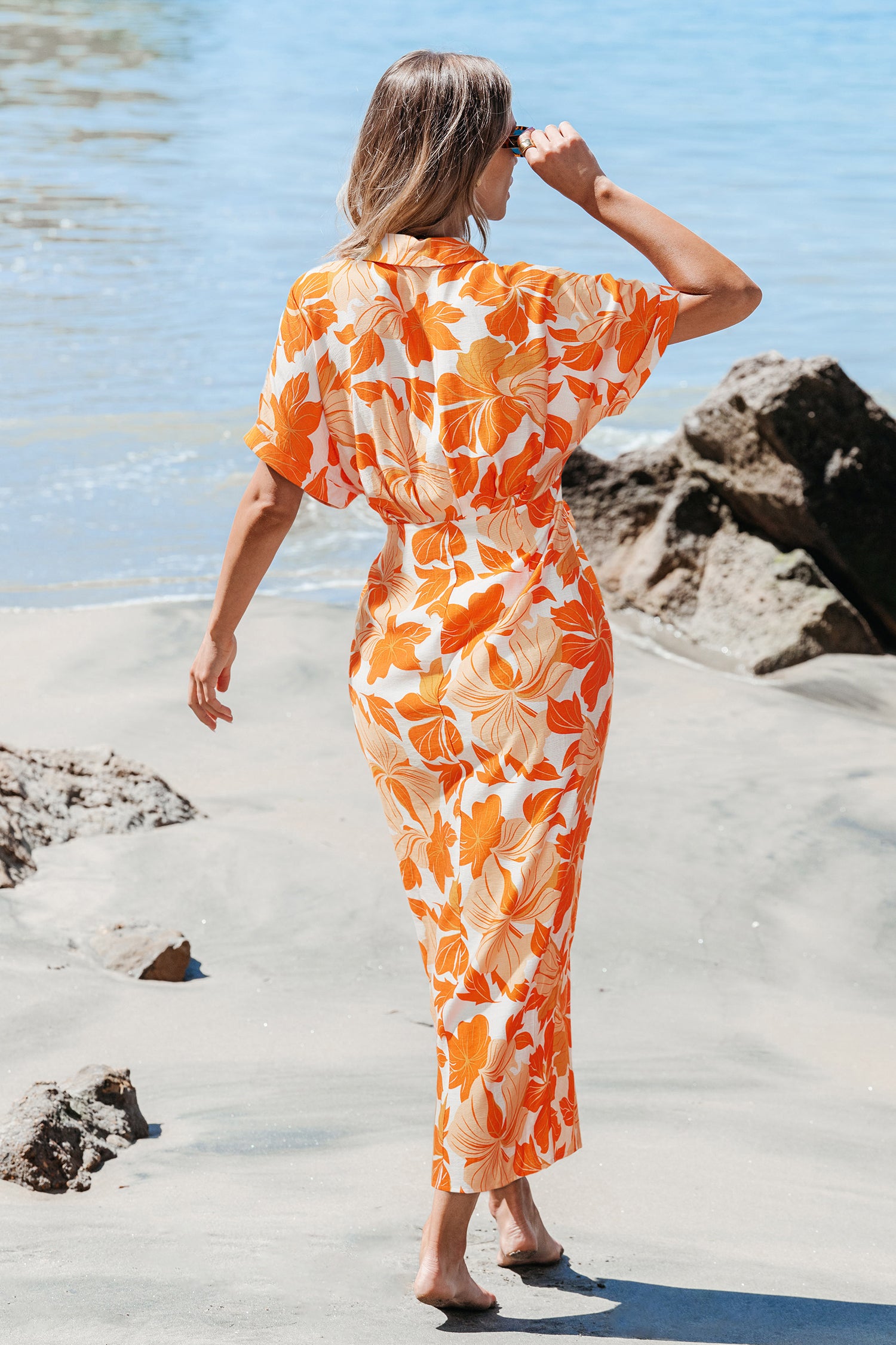 Orange Kurzarm Maxi-Blusenkleid