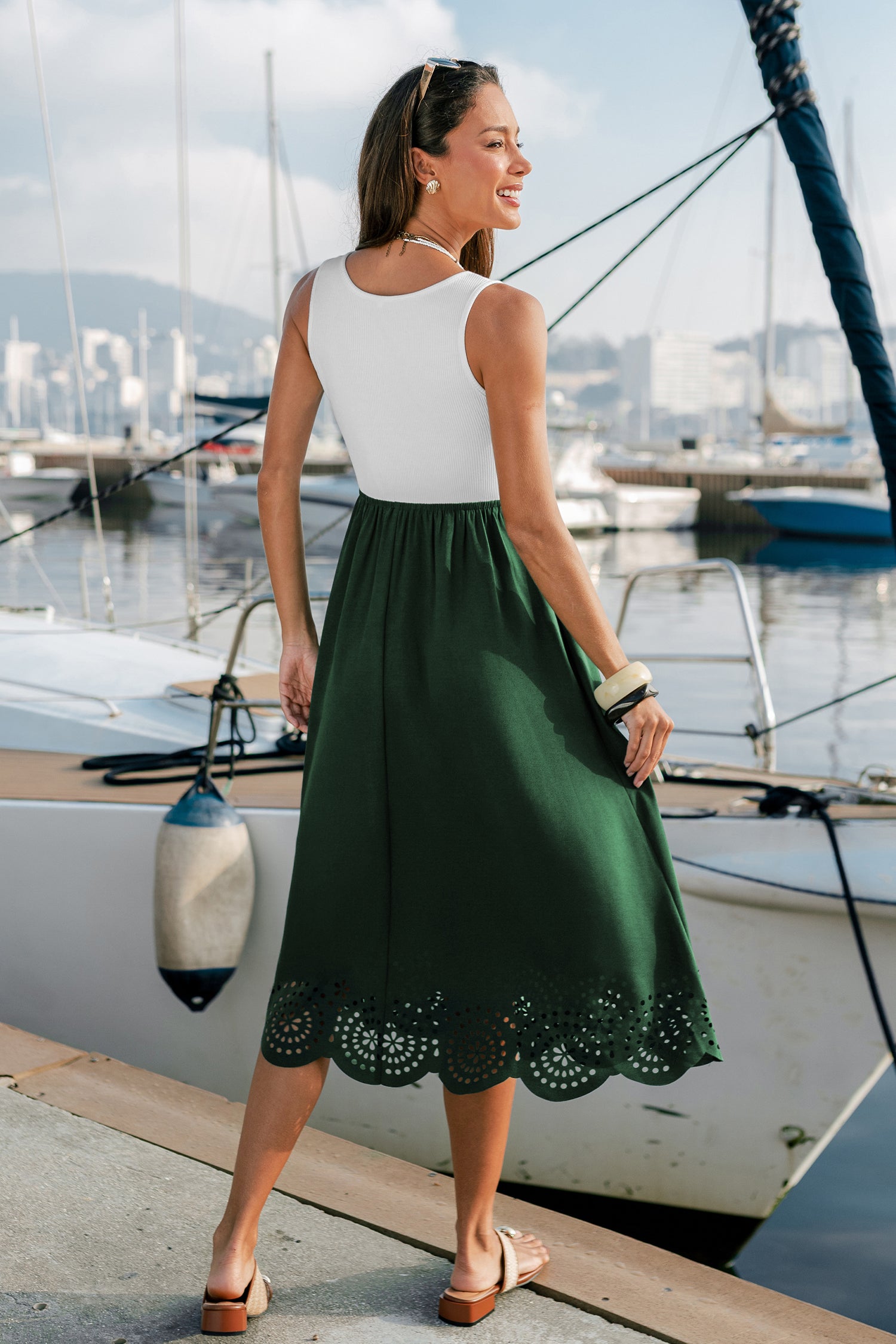 Grünes Farbblock Midi-Urlaubs-Sommerkleid