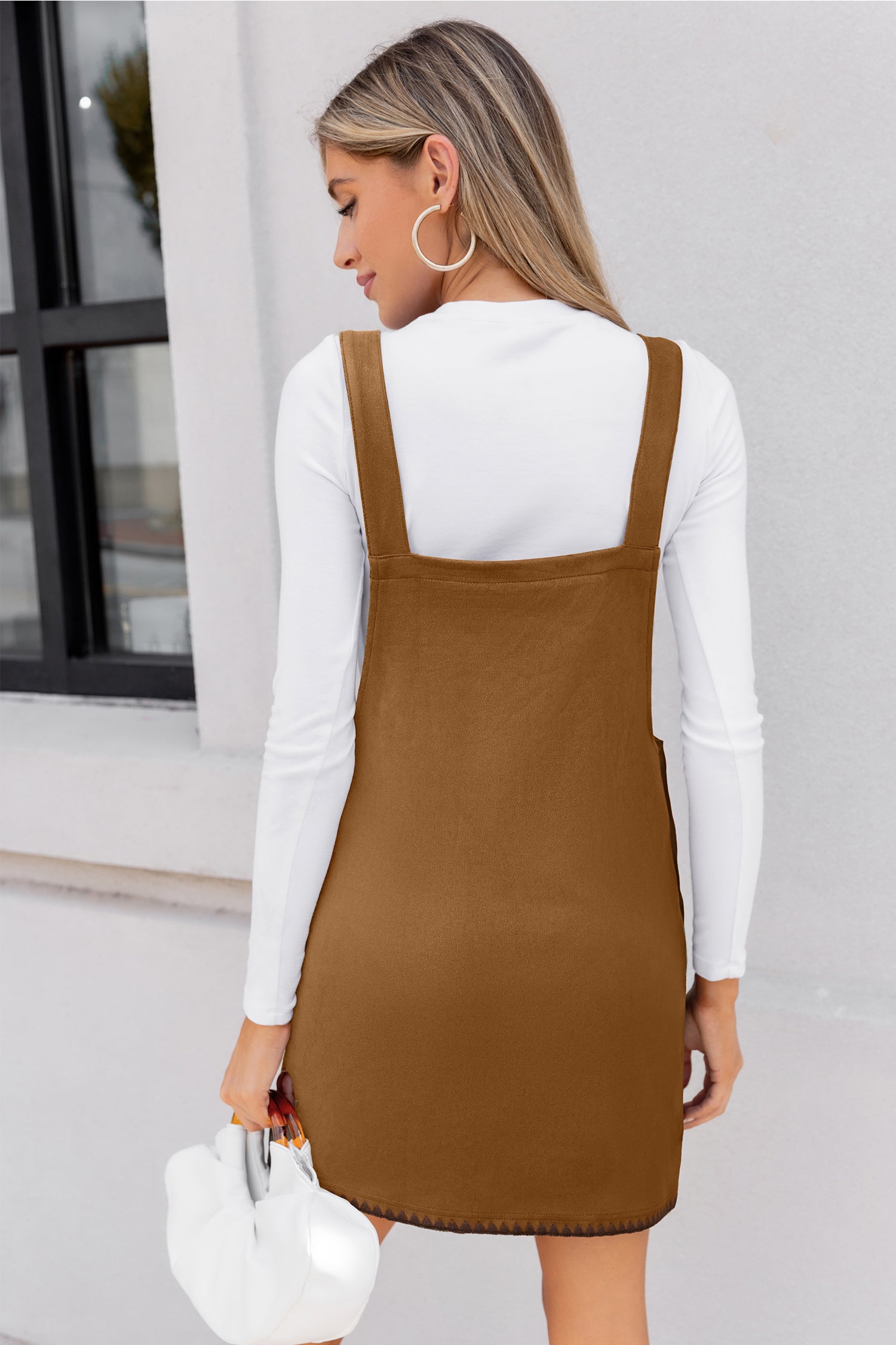 Braunes Quadratischer Ausschnitt Mini-Latzkleid mit Tasche