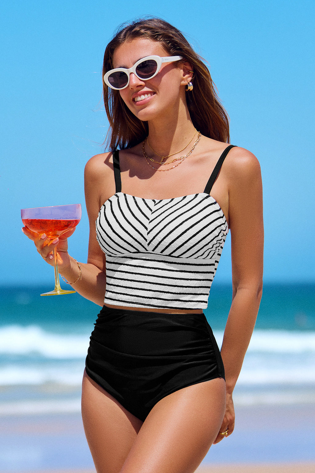 Gestreiftes Tankini-Oberteil & hochgeschlossene Bikinihose