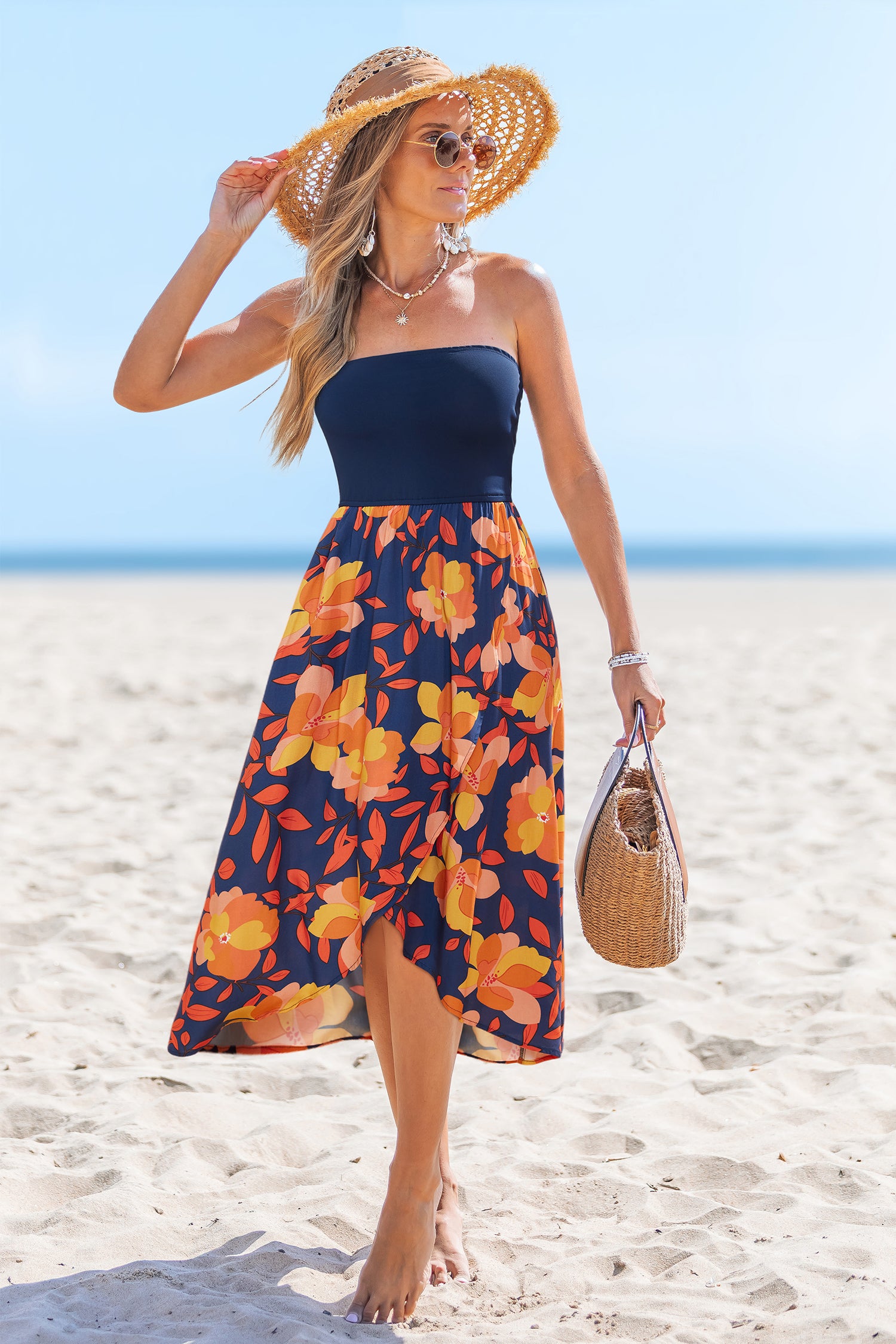 Geblümtes Ärmelloses Midi Bandeau-Strandkleid