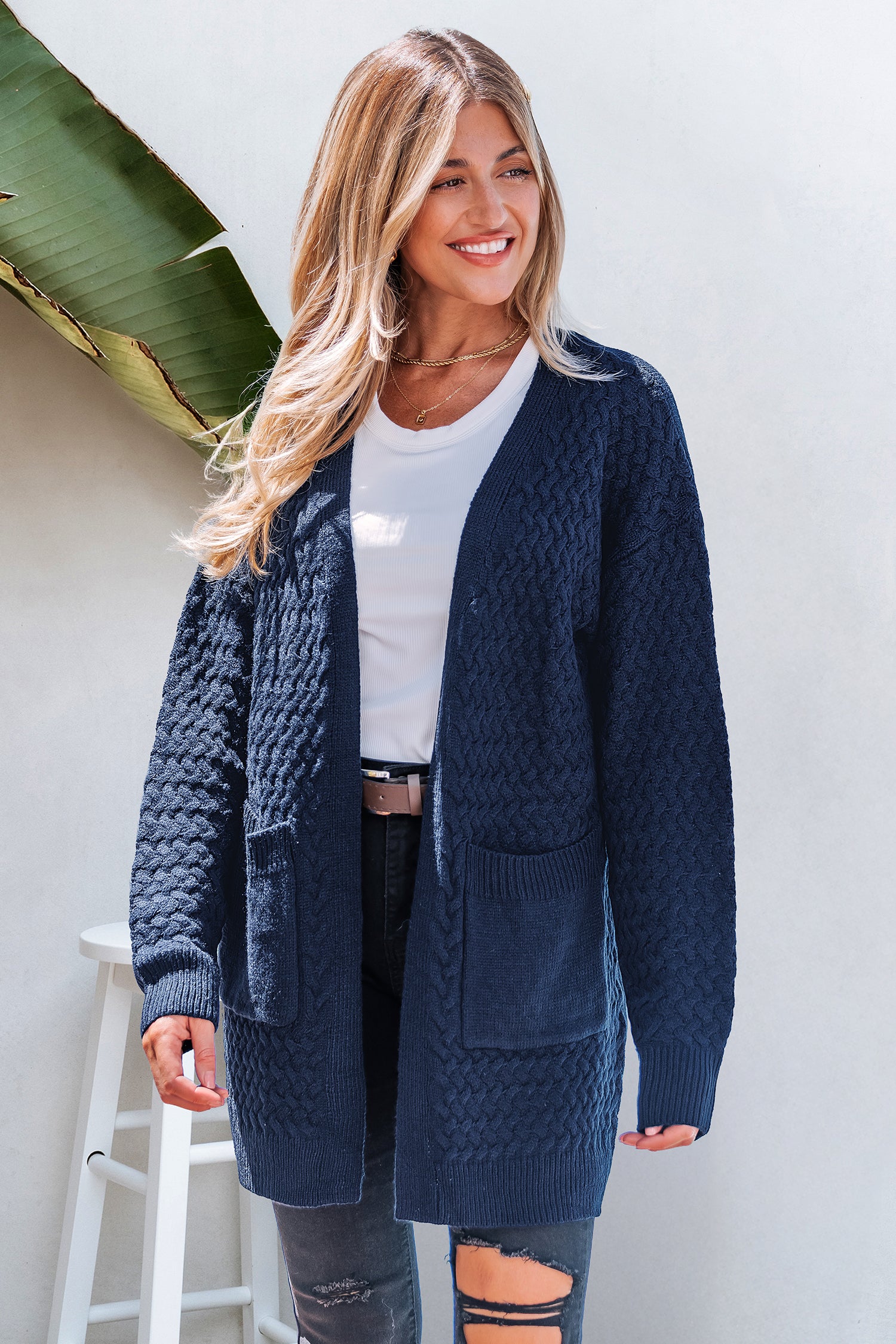 Blaue Lange Ärmel Strickjacke