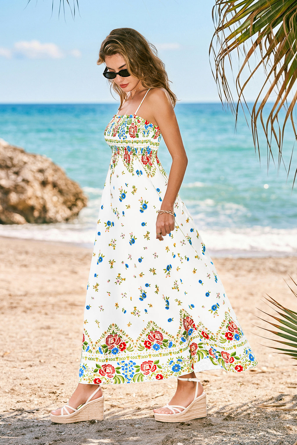 Geblümtes Ärmelloses Eckiger Ausschnitt Maxi-Strandkleid