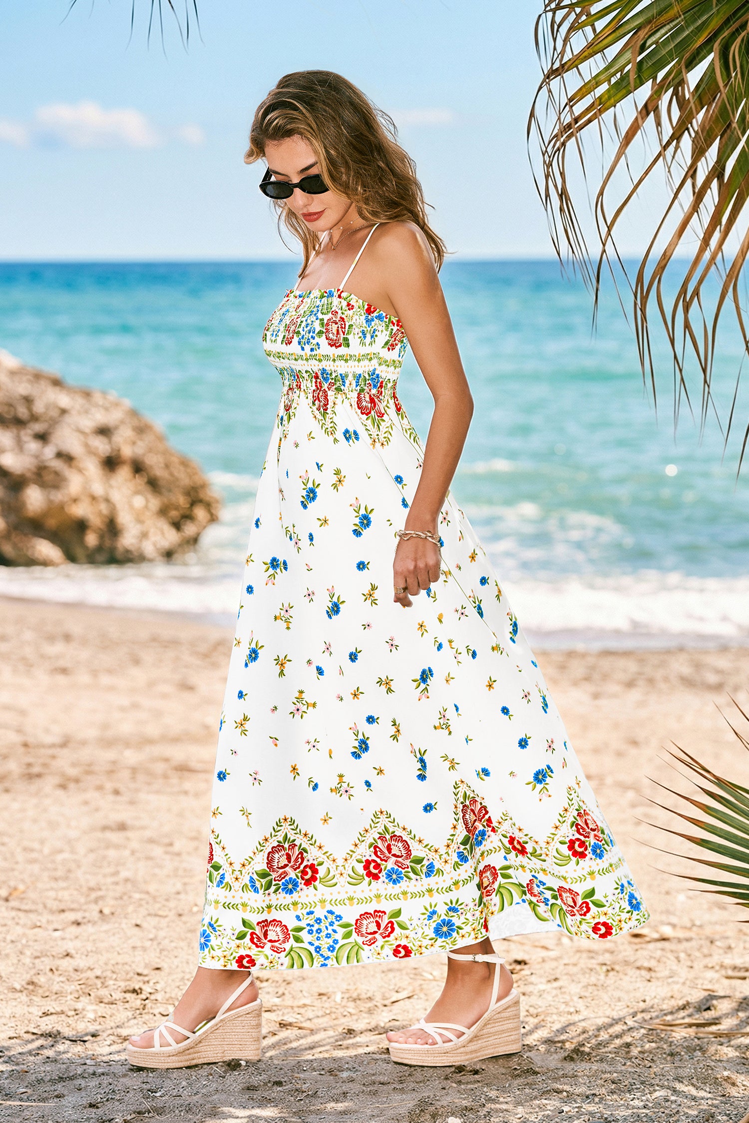 Geblümtes Ärmelloses Eckiger Ausschnitt Maxi-Strandkleid