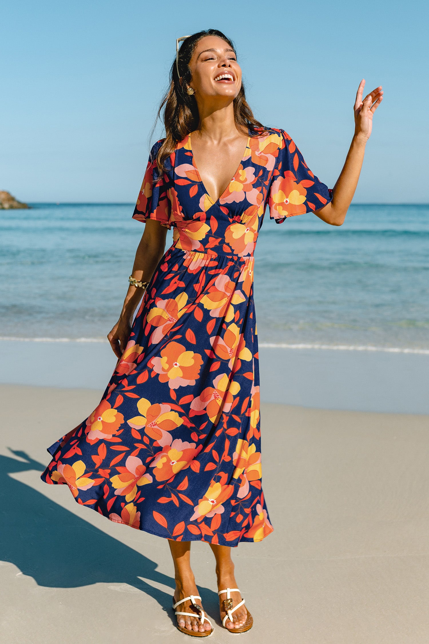 Orange Kurzarm V-Ausschnitt Maxi-Urlaubs-Sommerkleid