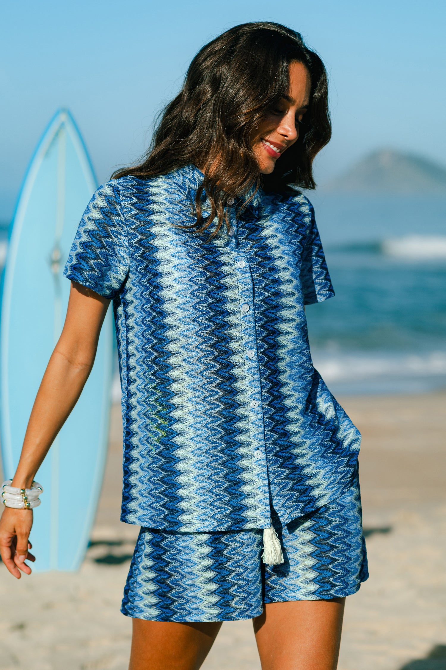 Blaue Kurzarm Bluse