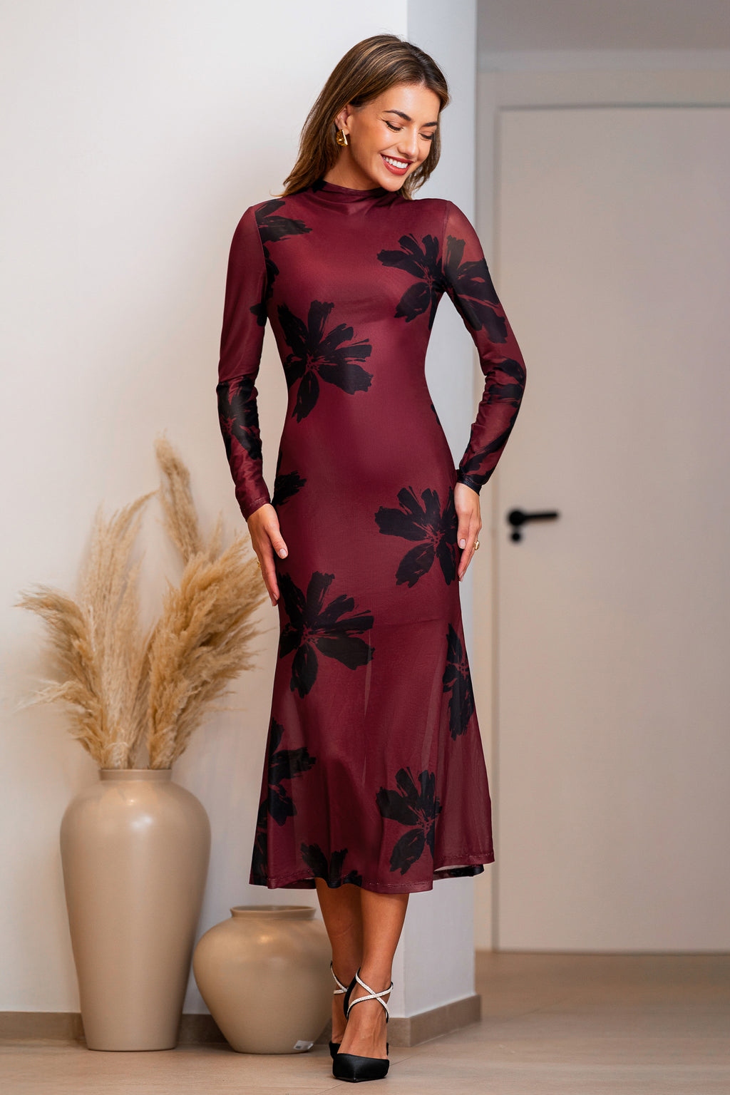 Rotes Hoher Ausschnitt Langarm-Maxikleid mit Blumenmuster