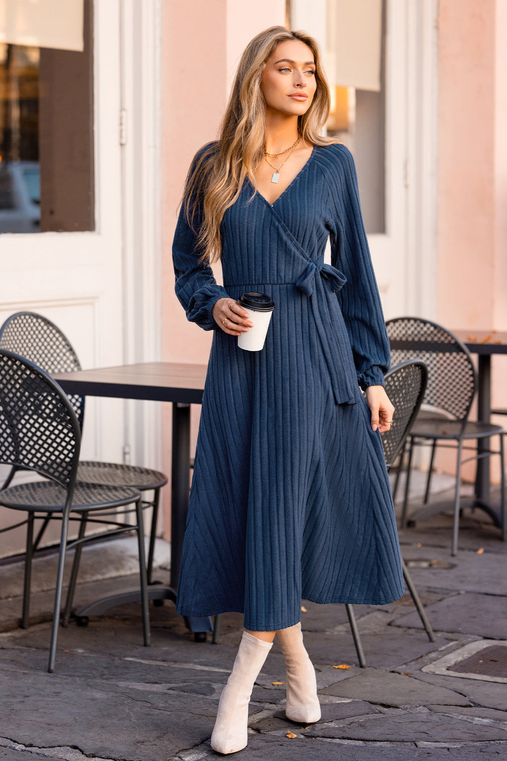 Blaues Lange Ärmel Midi-Wickelkleid
