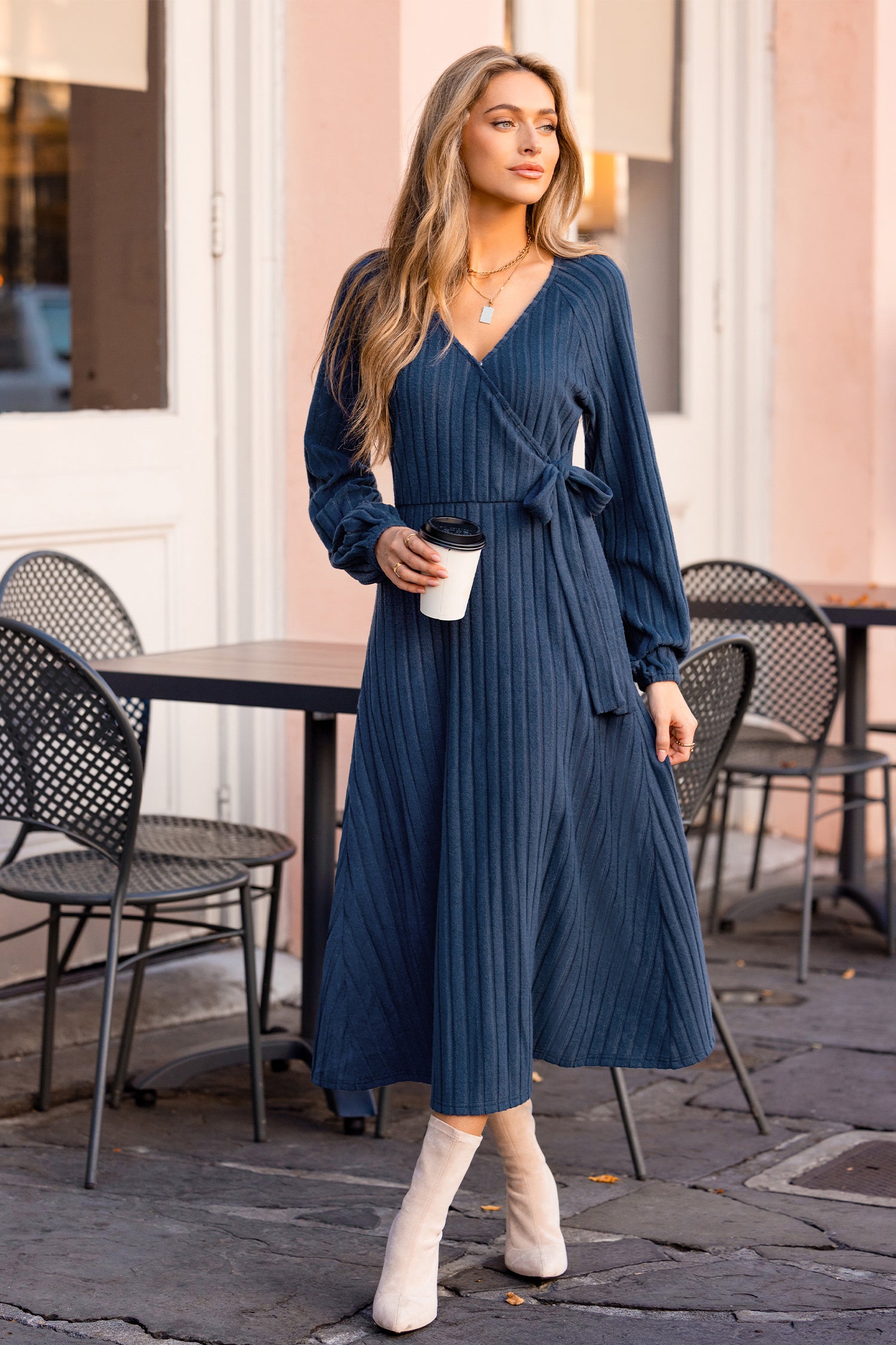 Blaues Lange Ärmel Midi-Wickelkleid