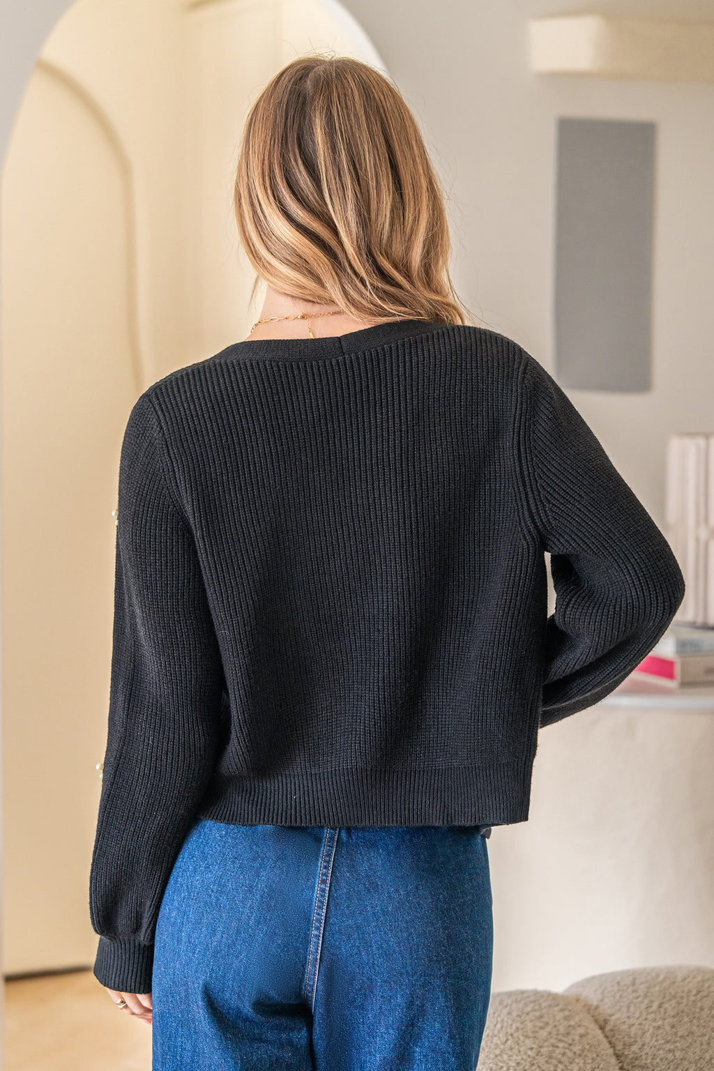 Schwarze V-Ausschnitt Kurze Strickjacke