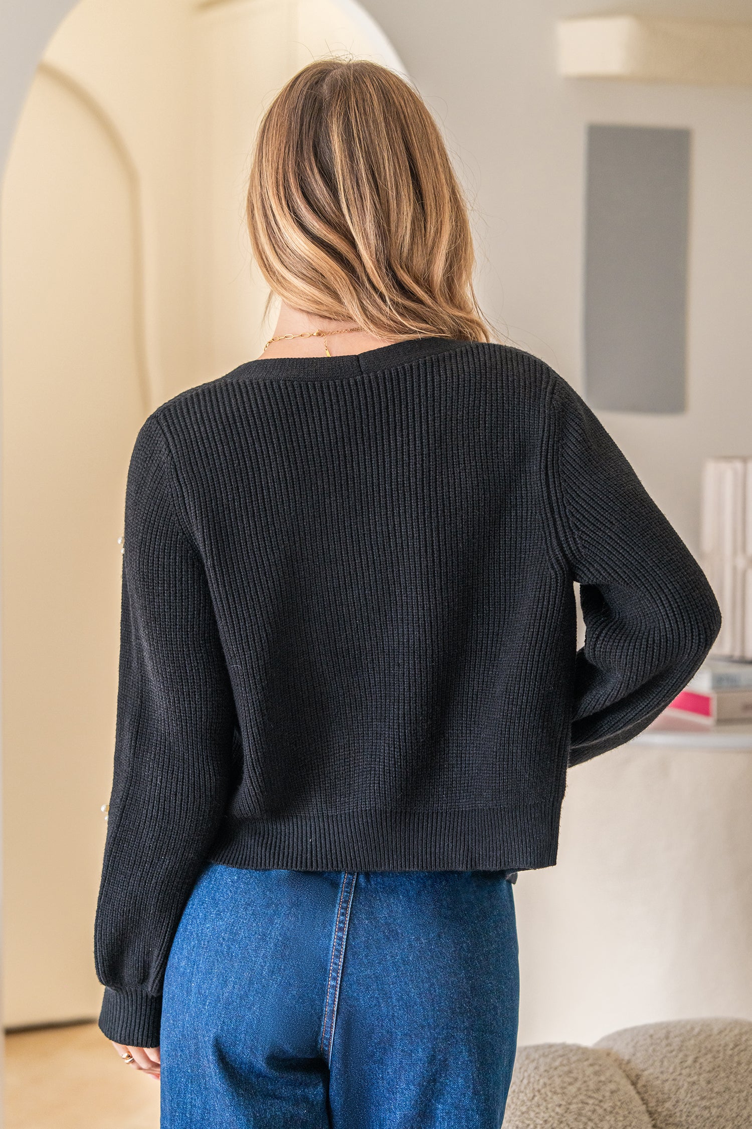 Schwarze V-Ausschnitt Kurze Strickjacke
