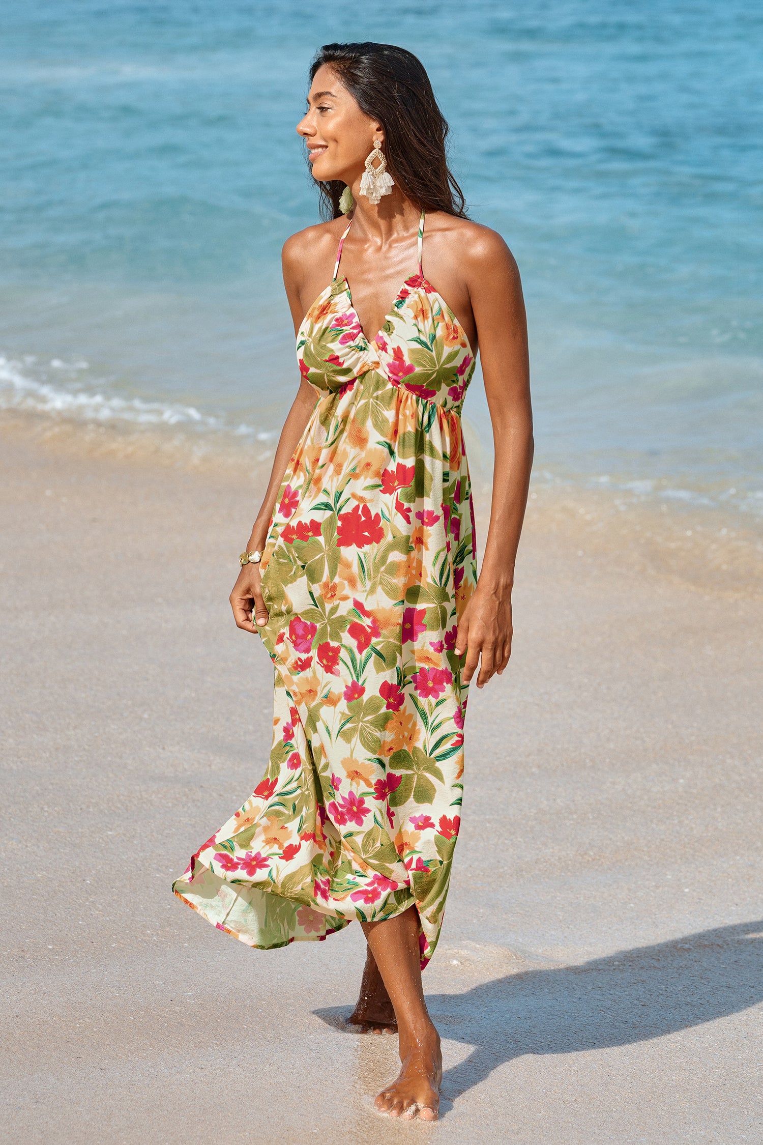 Tropisches Maxi-Strandkleid mit V-Ausschnitt