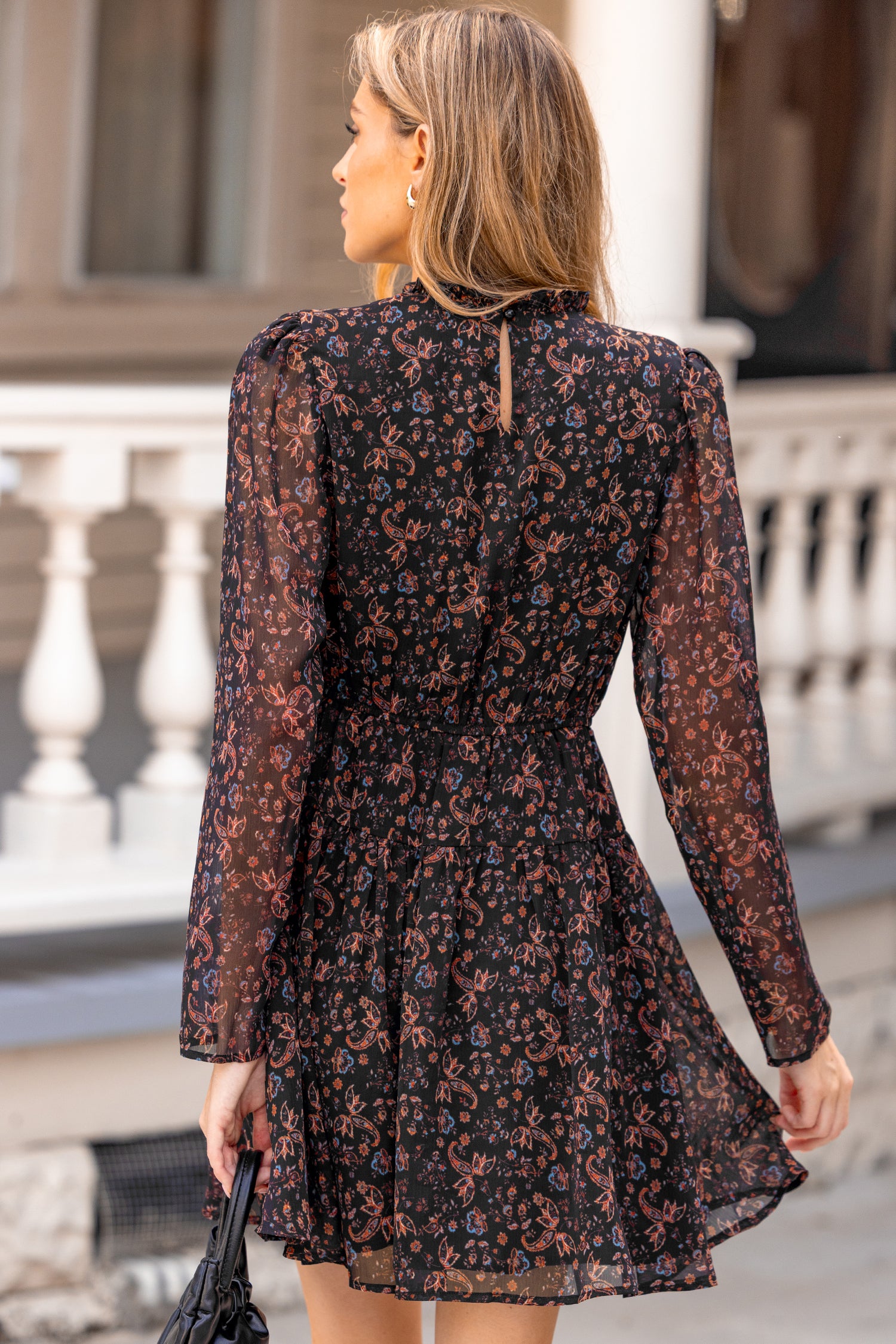 Schwarzes Geblümtes Lange Ärmel Minikleid