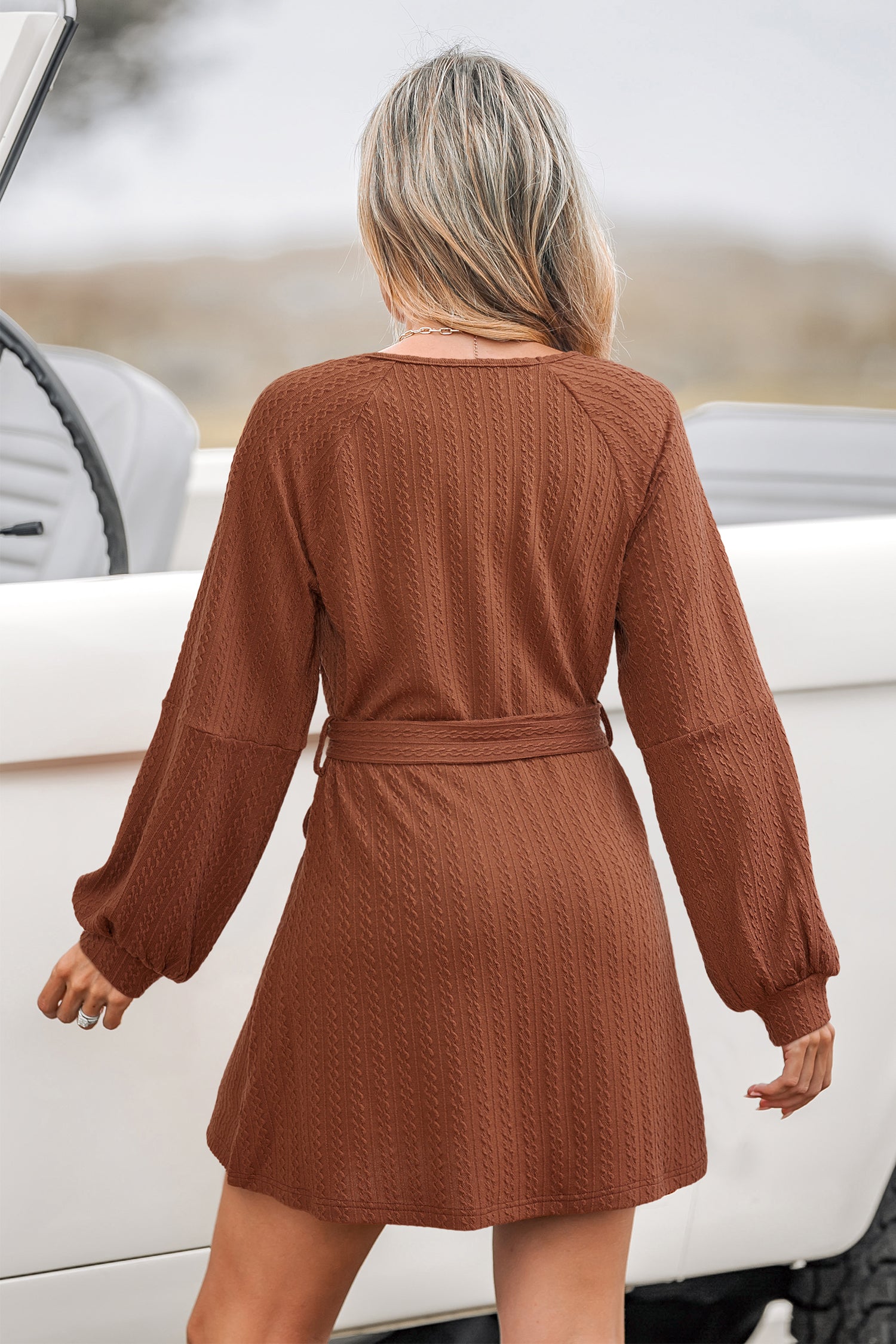 Braunes Rundhals Lange Ärmel Minikleid mit Taillengürtel