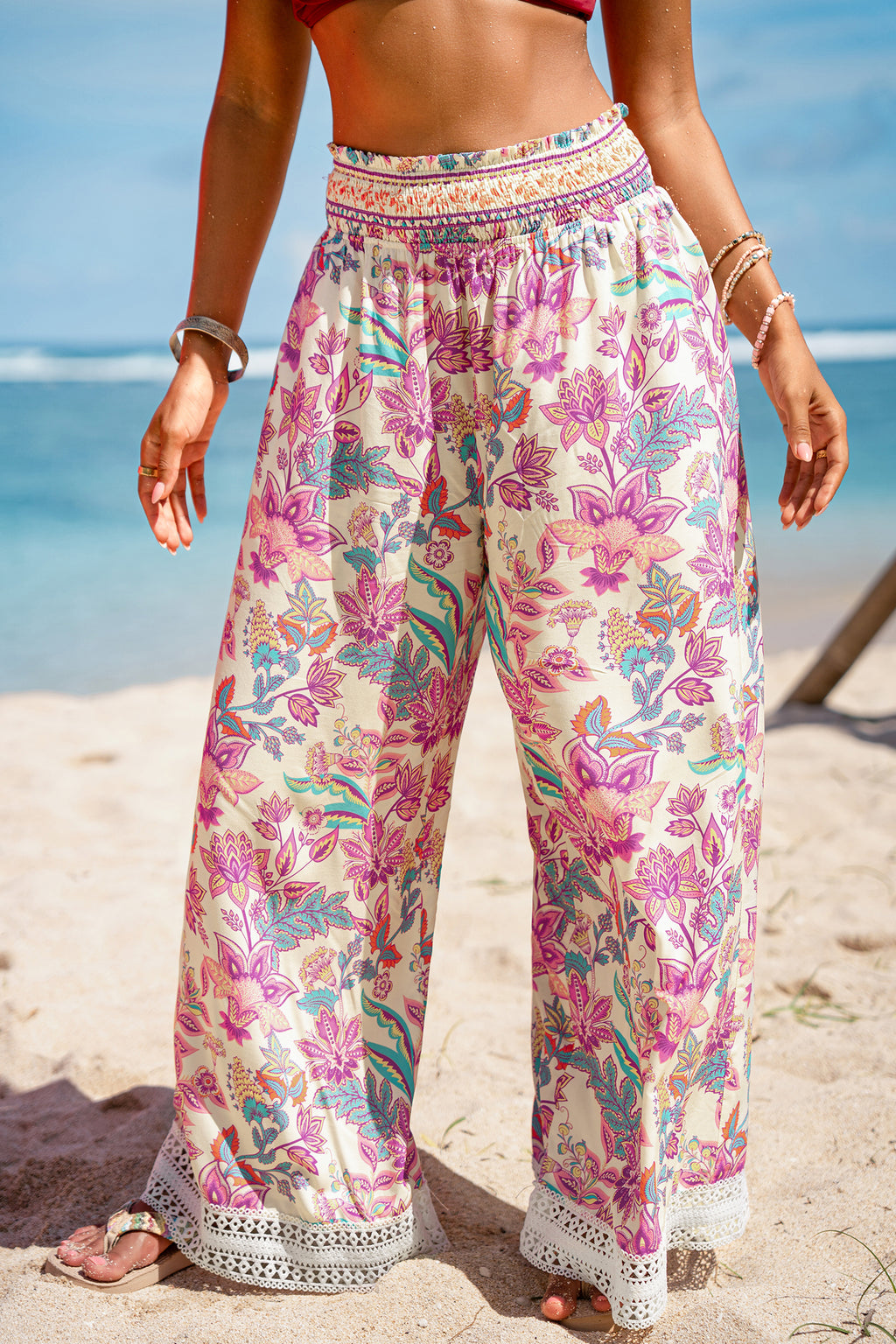 Florale Gesmokte Taille Strandhose