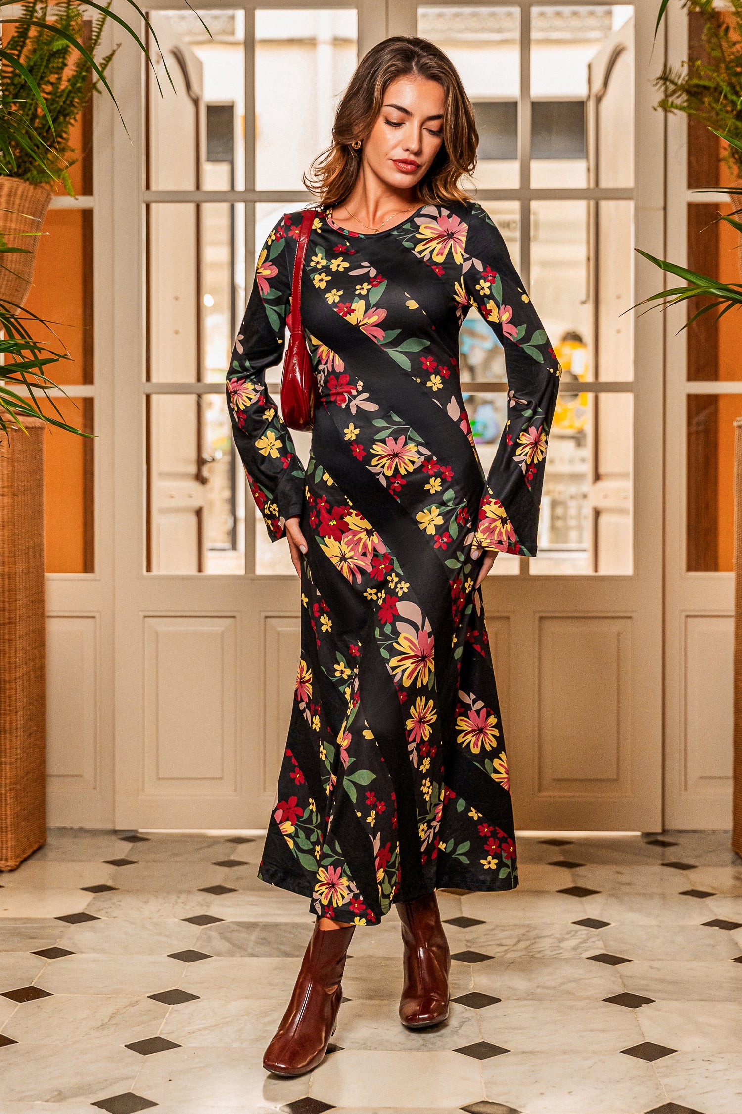 Schwarzes Geblümtes Lange Ärmel Maxikleid