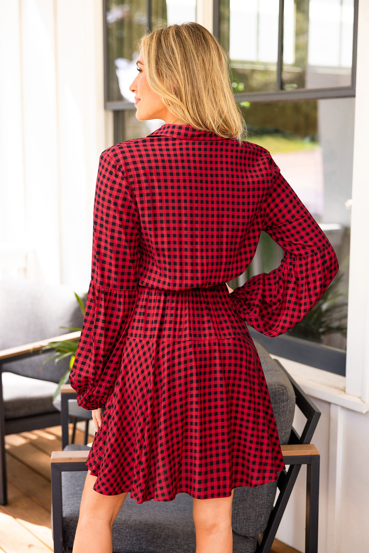 Rotes Kariertes Lange Ärmel Minikleid