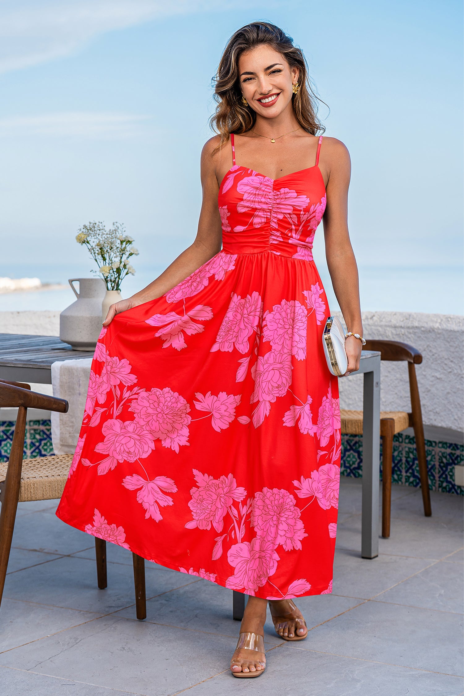 Rosa Ärmelloses Maxikleid mit Blumenmuster