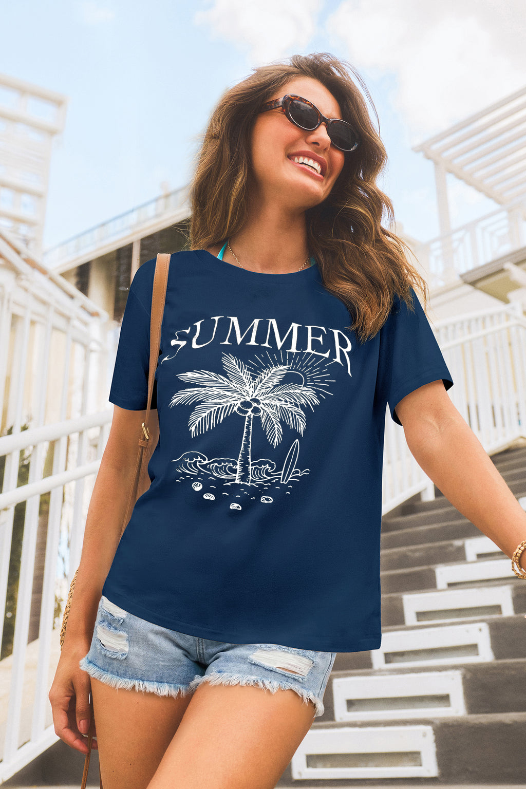 Blaues Kurzarm Rundhals T-Shirt mit Grafik-Print