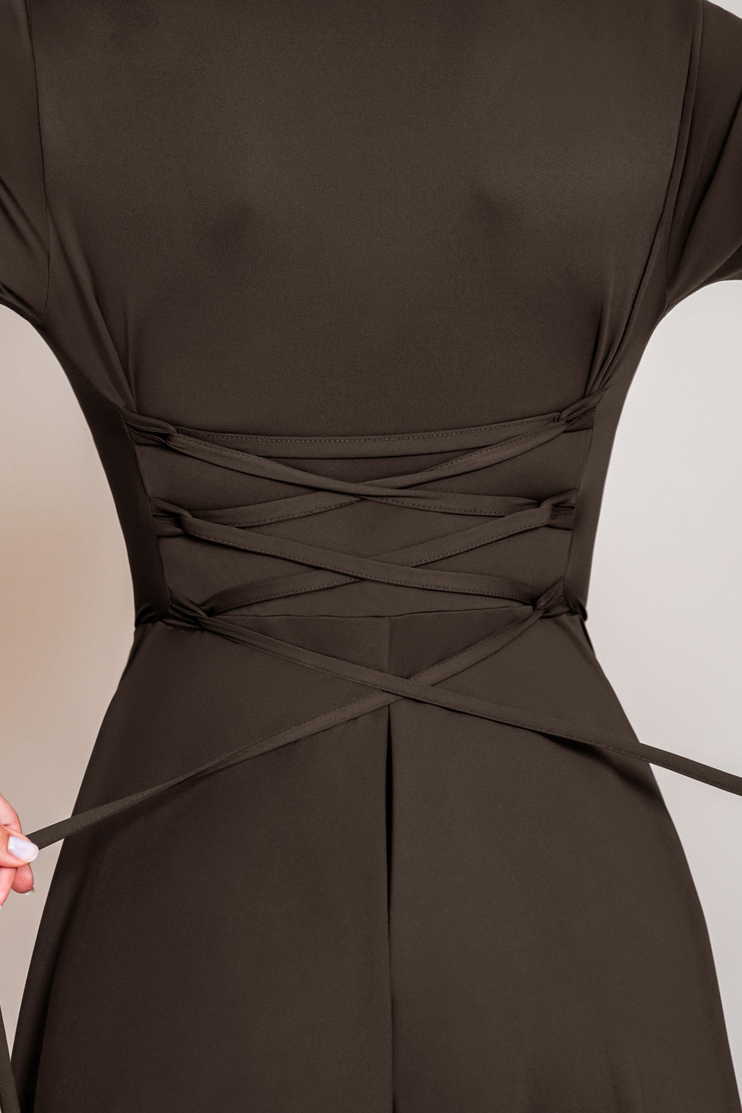 Braunes V-Ausschnitt Langarm Minikleid
