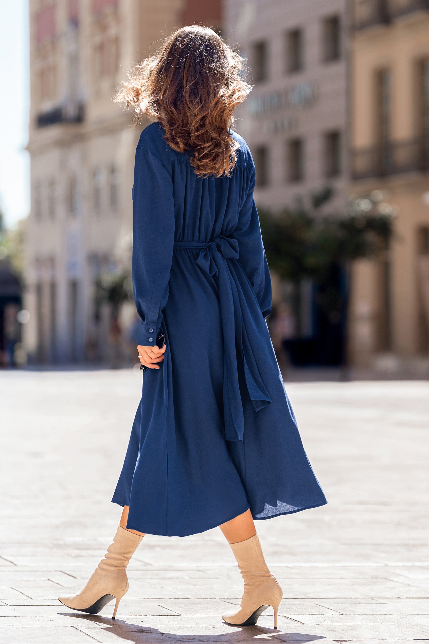 Blaues Lange Ärmel Hemdkragen Midikleid