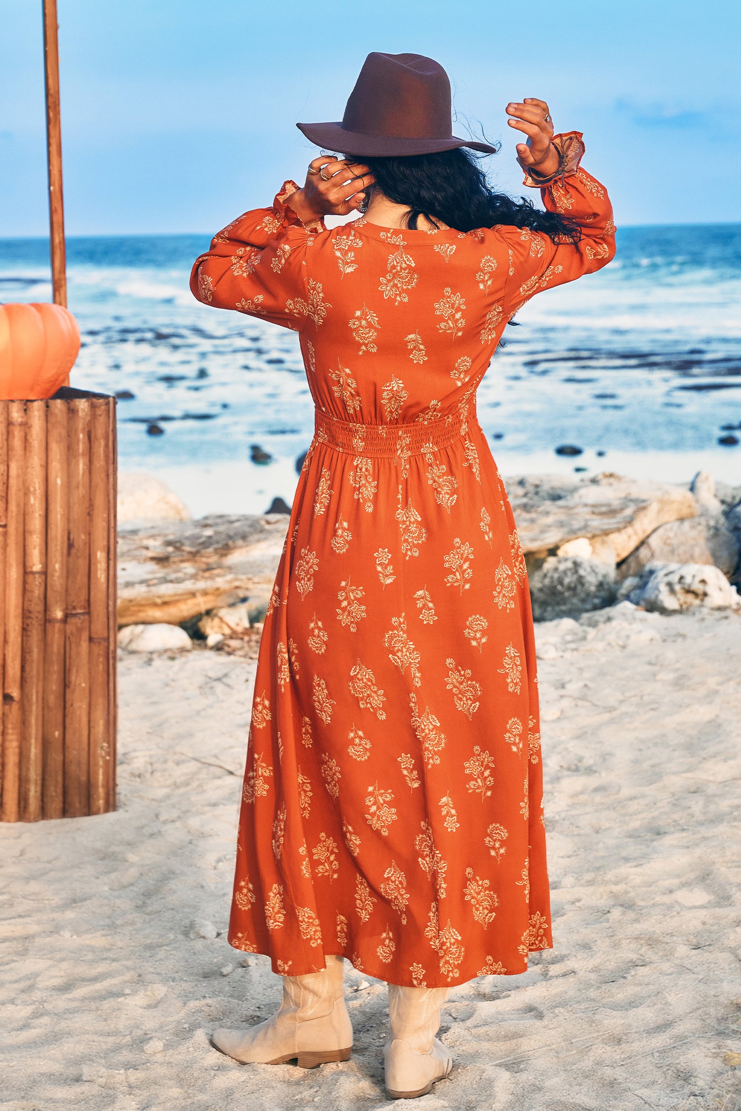 Orange Lange Ärmel Maxikleid mit Blumenmuster