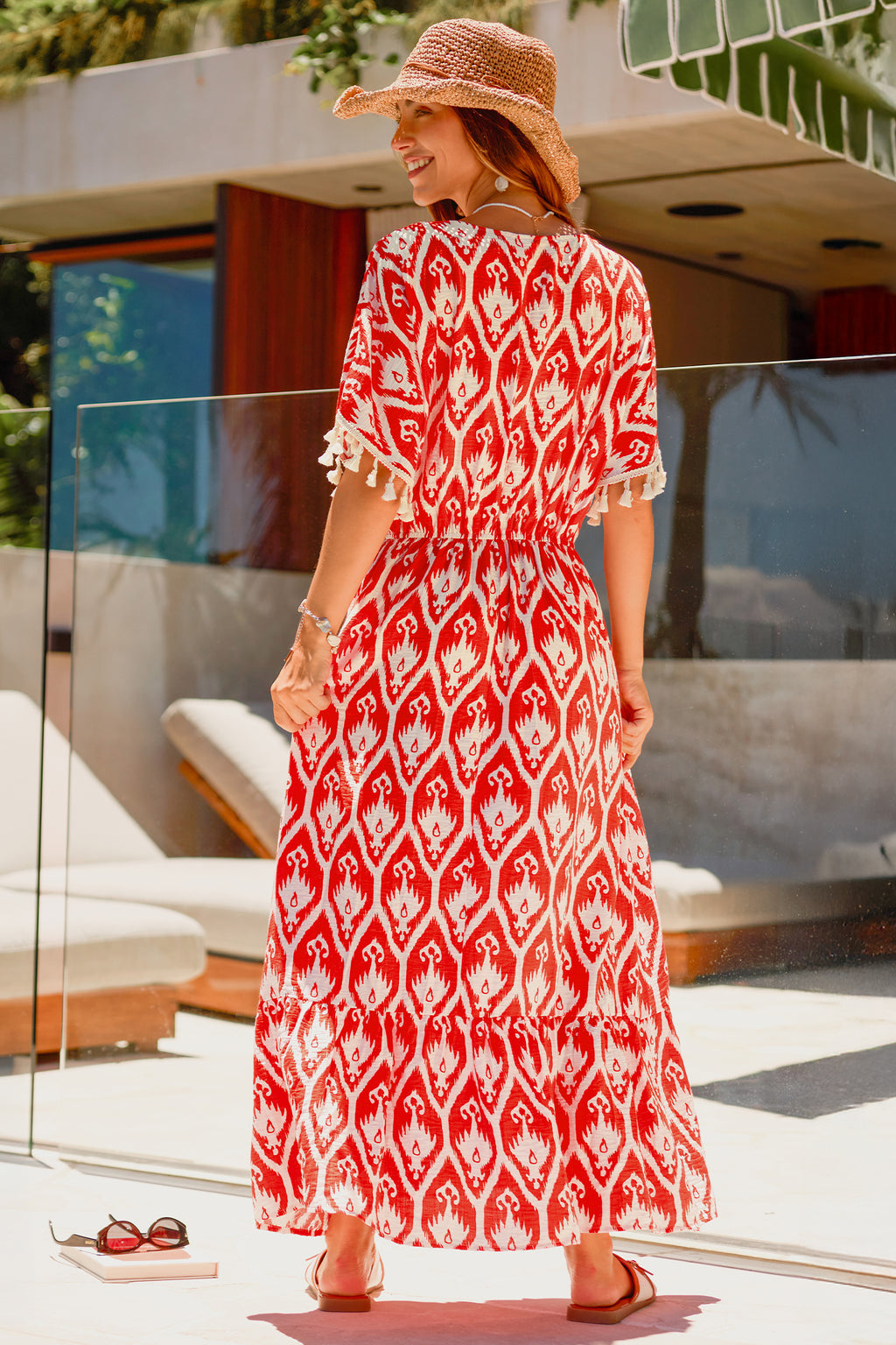 Rotes Verziertes Kurzarm Maxikleid