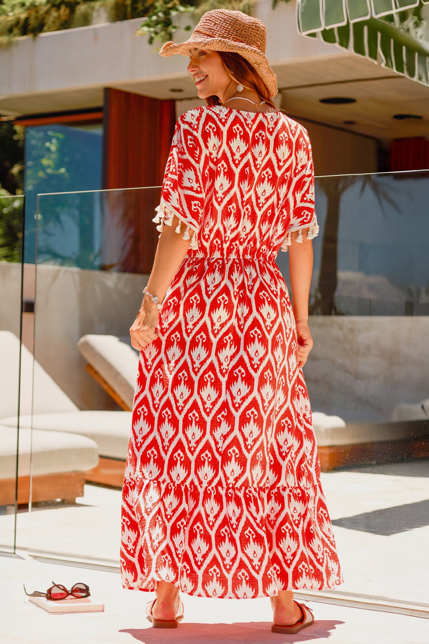 Rotes Verziertes Kurzarm Maxikleid
