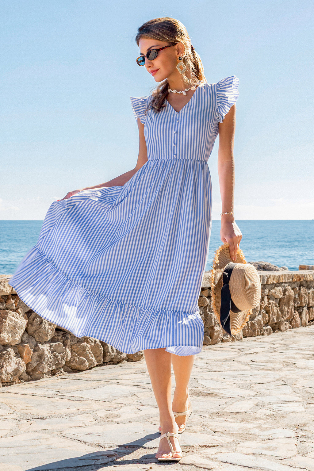 Blaues Gestreiftes V-Ausschnitt Maxikleid mit Rüschenbesatz