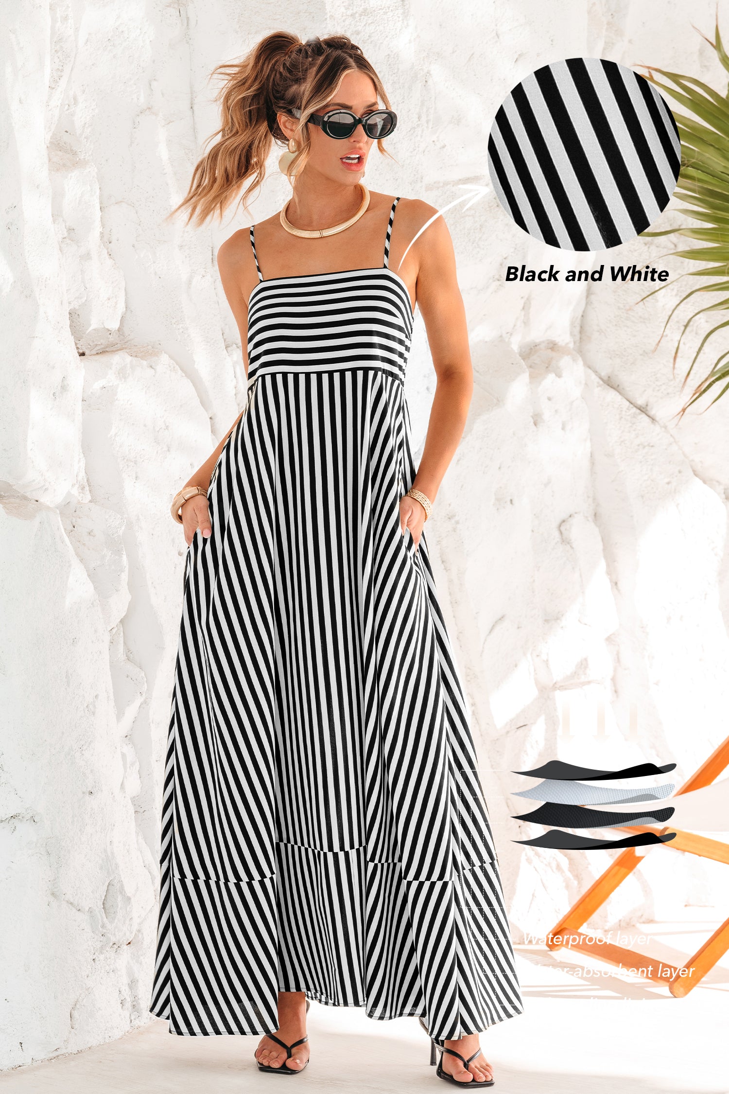 Schwarz Gestreiftes Ärmelloses Maxikleid