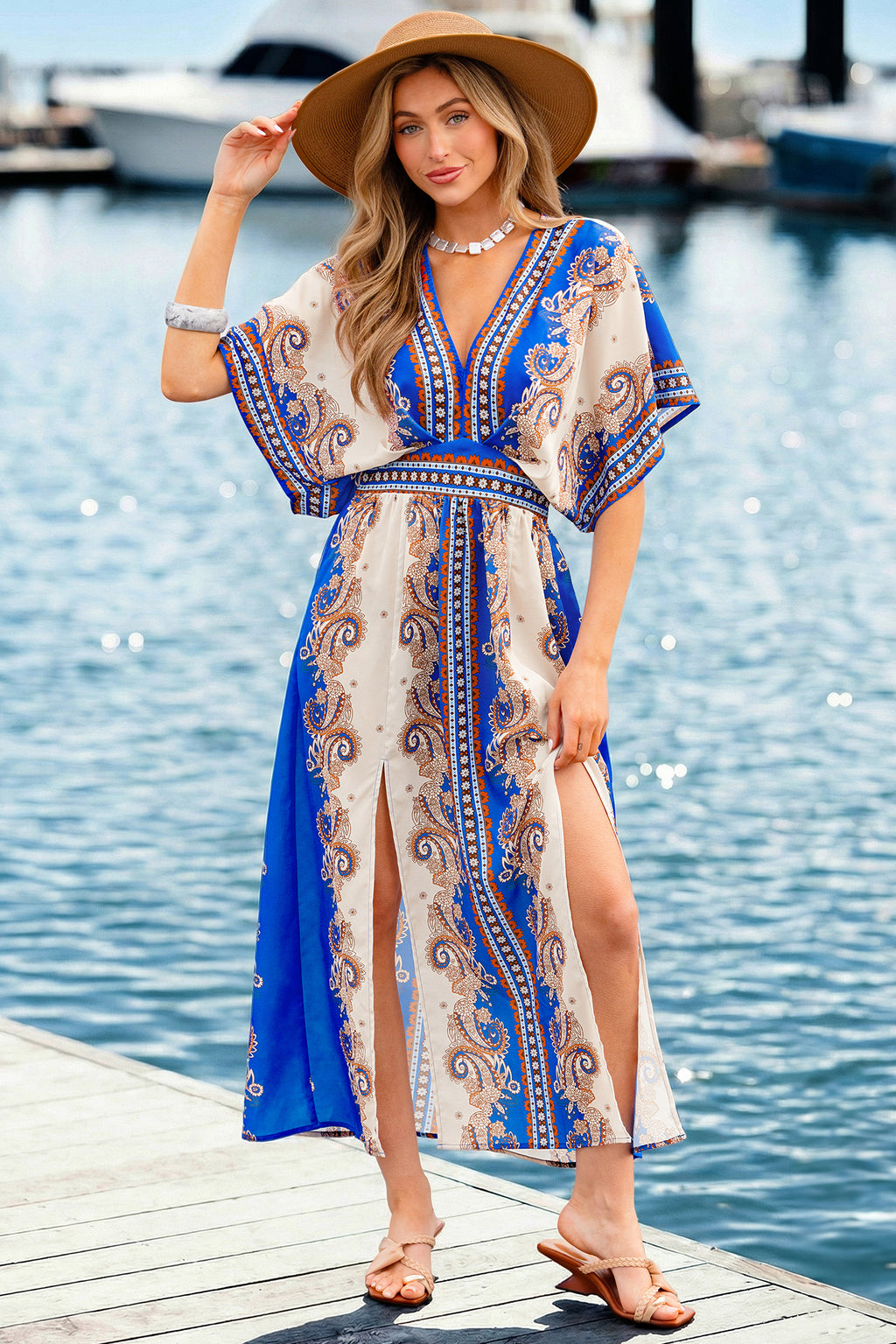 Blaues Kurzarm V-Ausschnitt Maxikleid