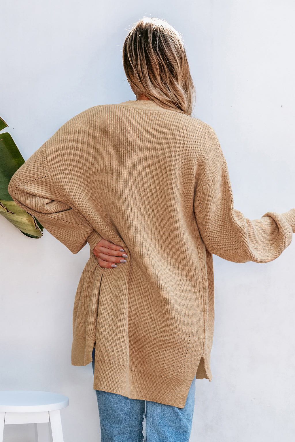 Khakifarbene Offene Vorderseite Strickjacke