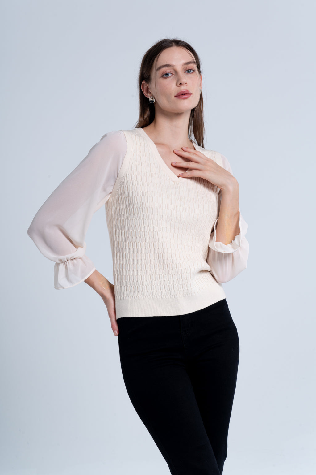 Aprikose V-Ausschnitt Top mit Dichterärmeln